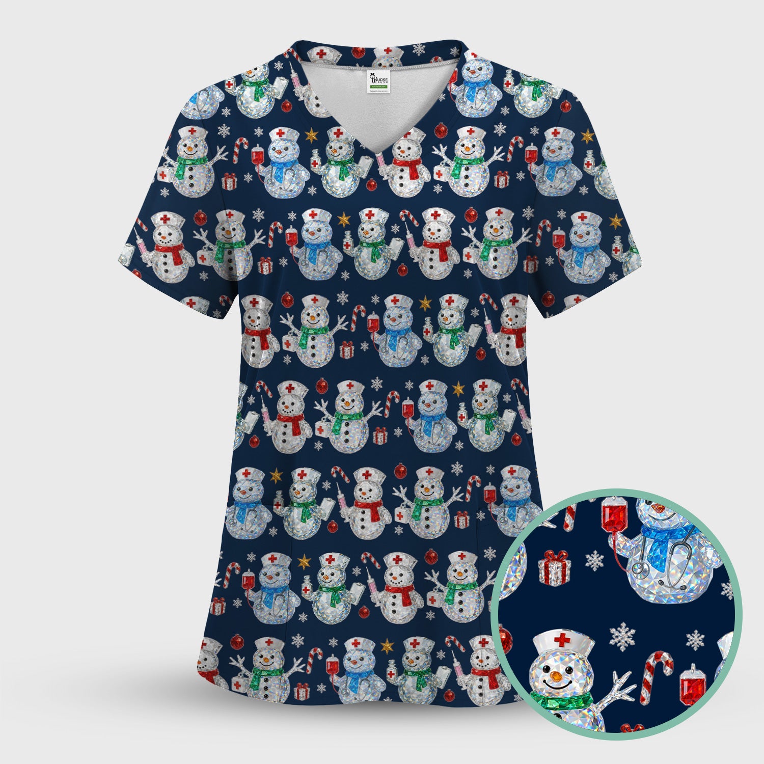 Nurse Snowman Christmas Scrub Top, Cute Holiday Medical Pattern Shirt For Women, Winter Snowflake Nursing Uniform
