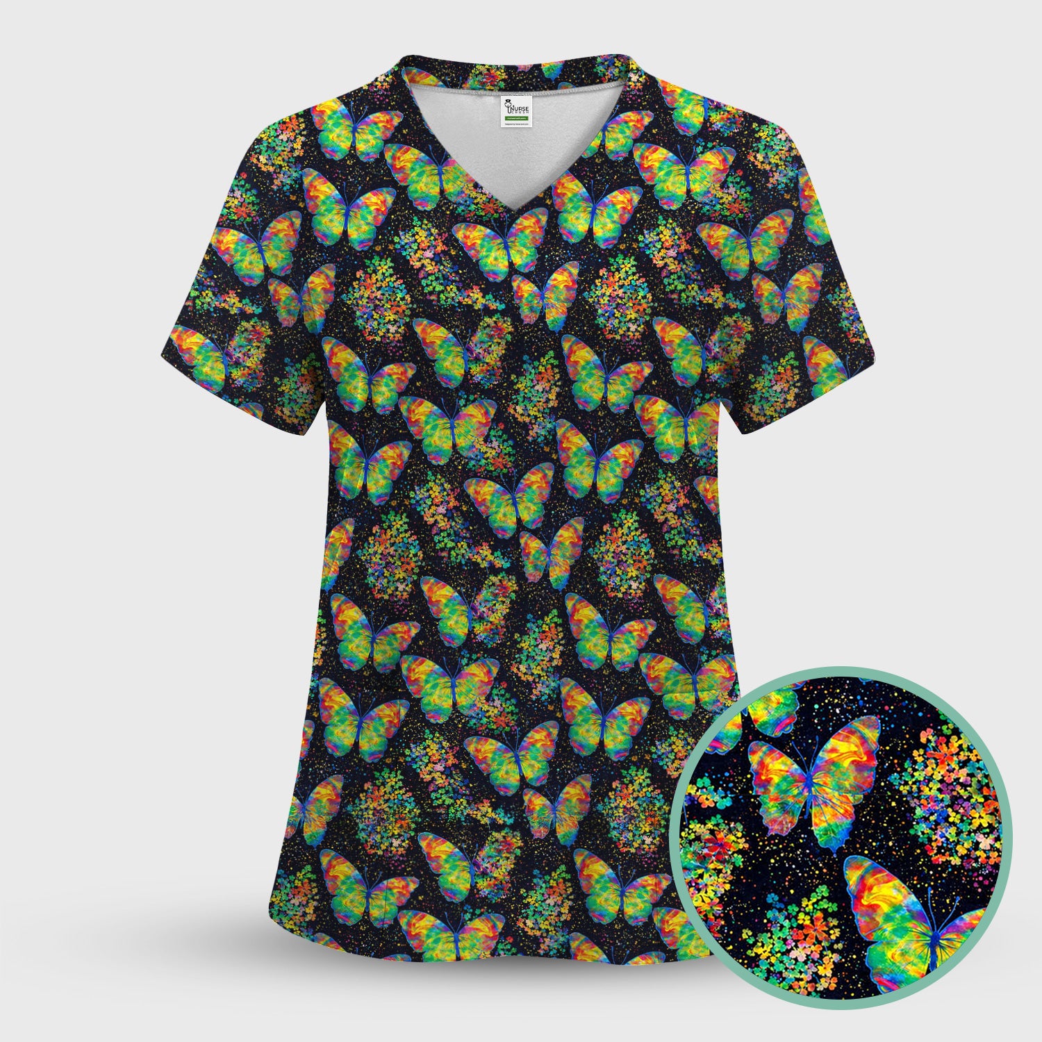 Rainbow Butterfly Galaxy Pattern Scrub Top, Comfortable Scrubs for Nurses