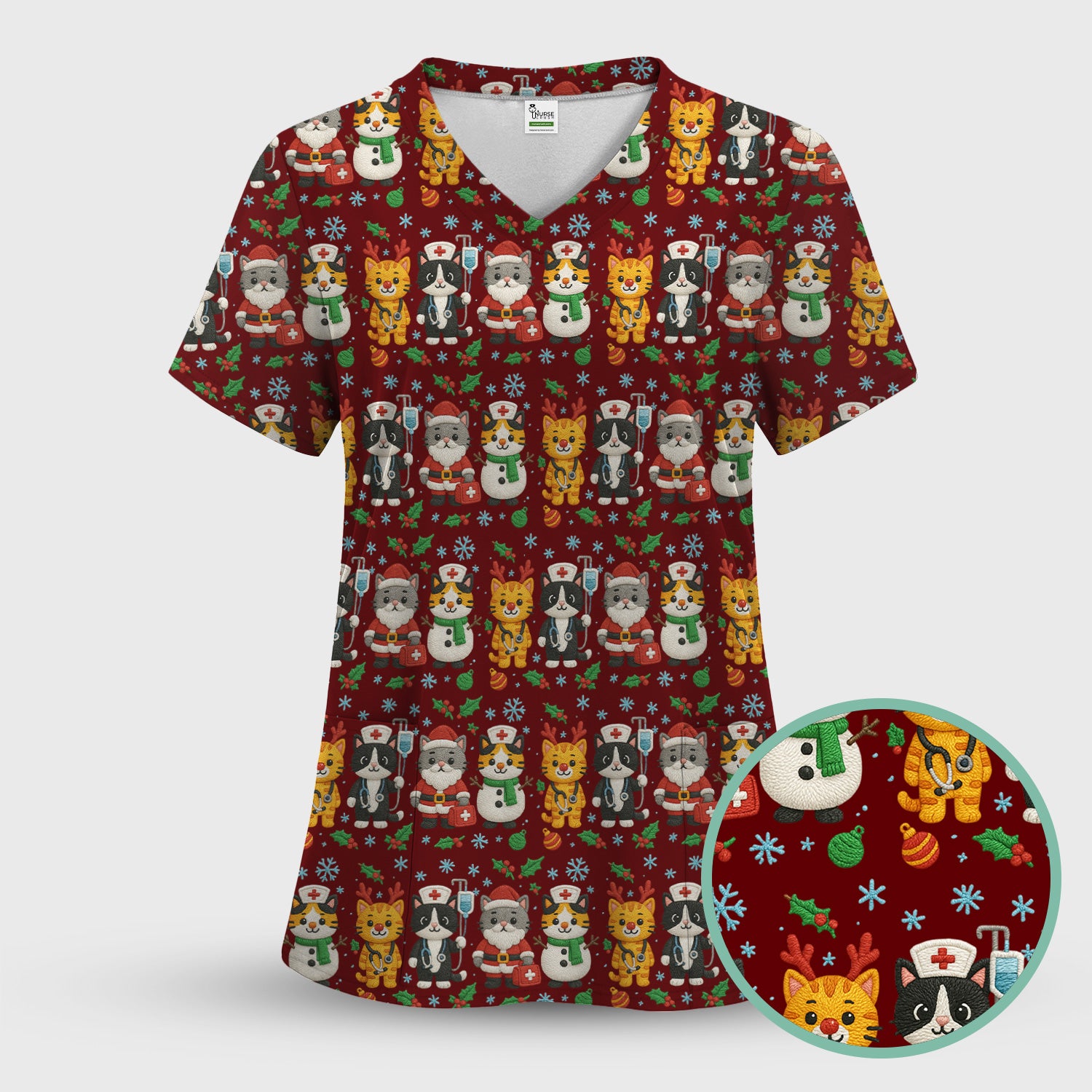 Christmas Cat Nurse Pattern Scrub Top, Cute Holiday Kitty Medical Uniform Shirt For Nursing
