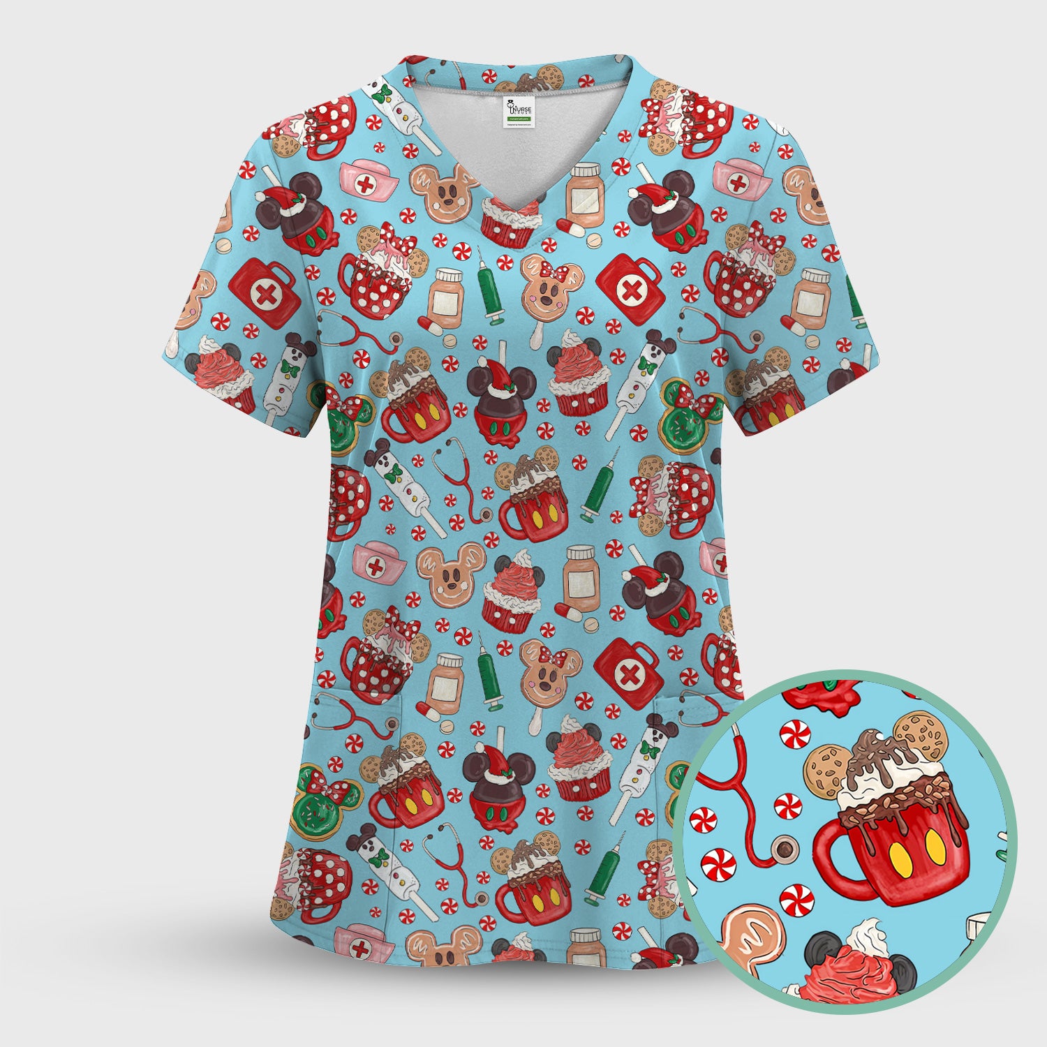 Gingerbread Christmas Comfortable Scrub Set for Nurses - Funny Cookies Candy Cupcake Pants and V Neck Top - Holiday Med Uniform