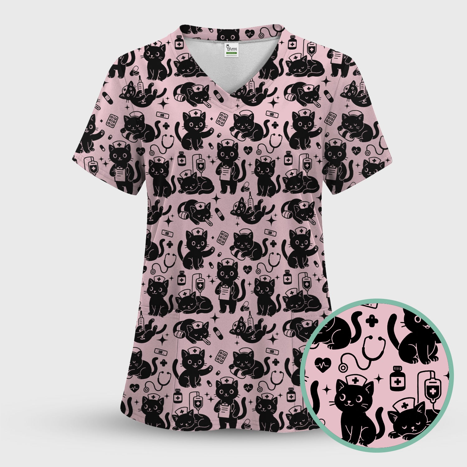 Cute Black Cat Nurse Pattern Scrub Top, Breathable Fabrics Nursing Uniform