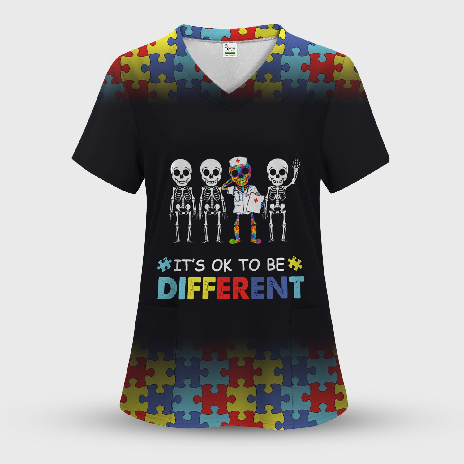 Autism Puzzle Skeleton Nurse It's OK to Be Different Scrub, Women's Scrub Sets