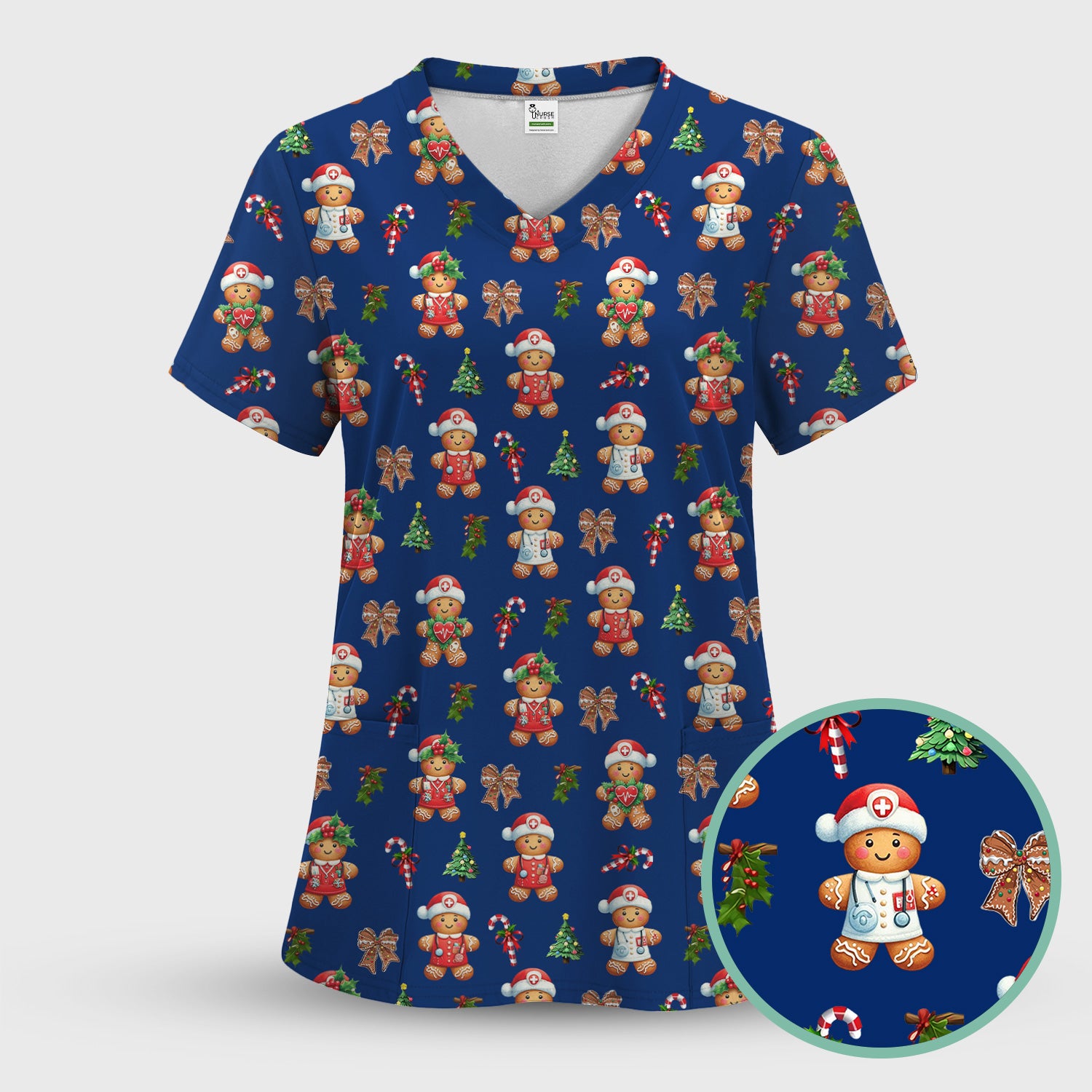 Funny Christmas Scrub Top for Nurse - Adorable Gingerbread Candy Cane Bow- Festive Medical Uniform for Women