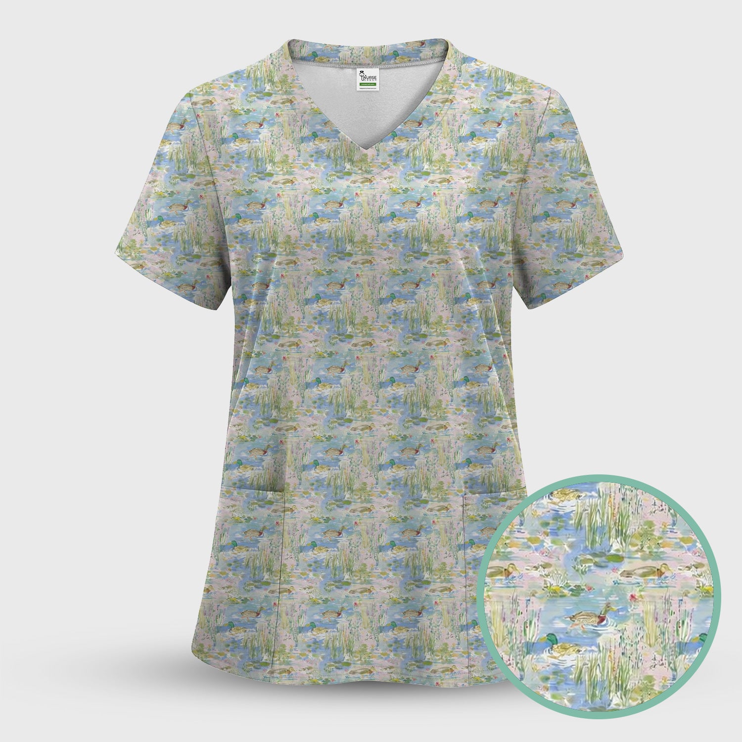 Ducks in Pond Water Pattern Scrub Top, Breathable Fabrics Nursing Uniform