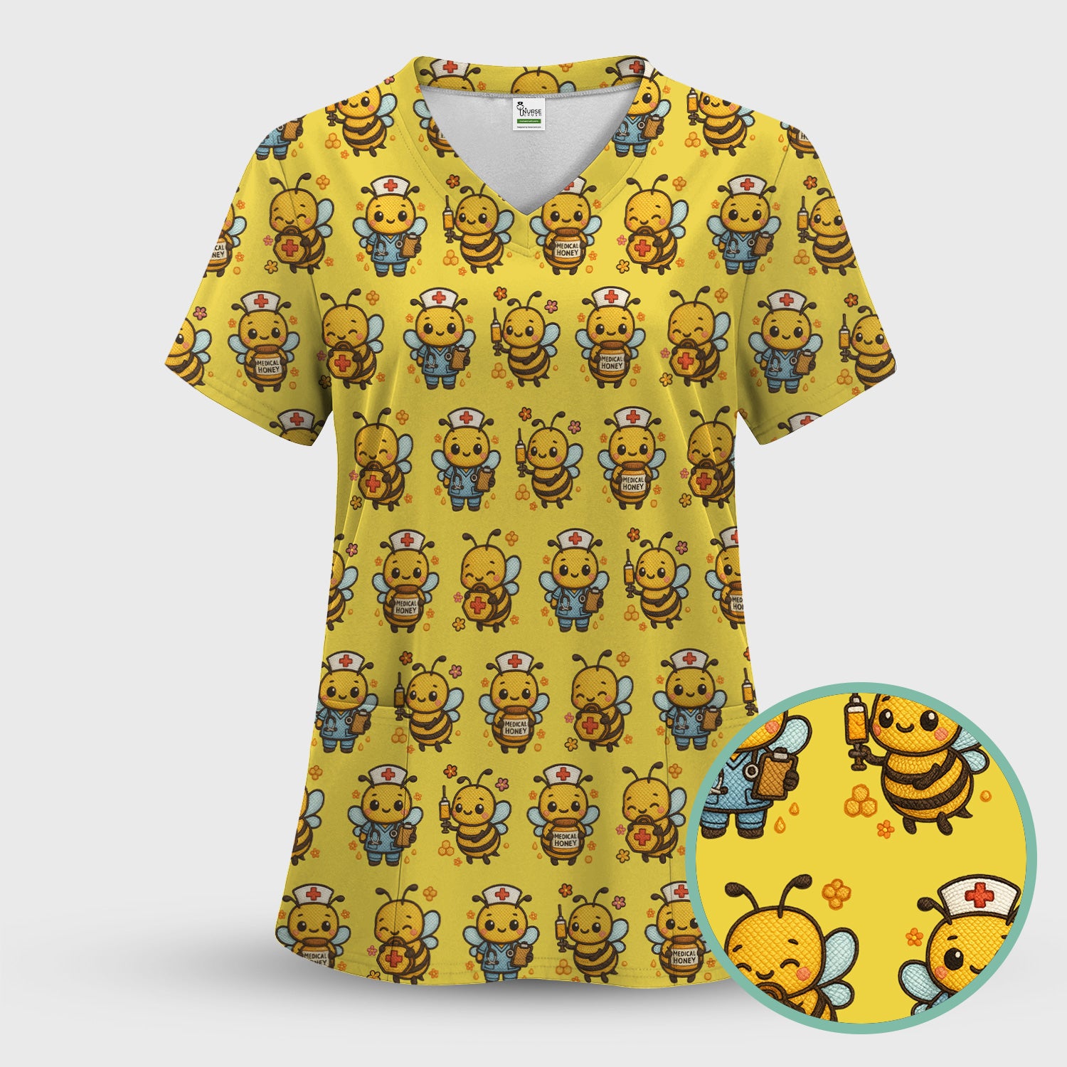 Cute Nurse Bee Scrub Top, Kawaii Medical Honey Bee Pattern Shirt for Nursing Professionals