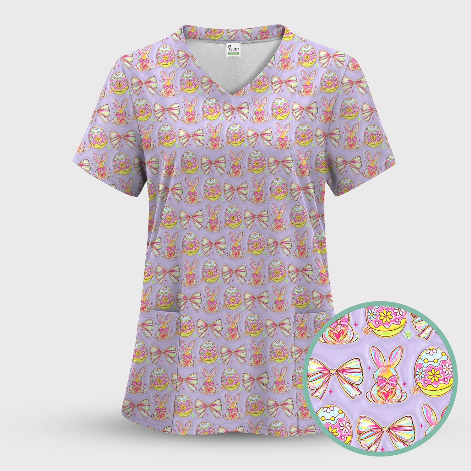 Easter Bunny Pastel Egg Bow Pattern Scrub Top, Breathable Fabrics Nursing Uniform