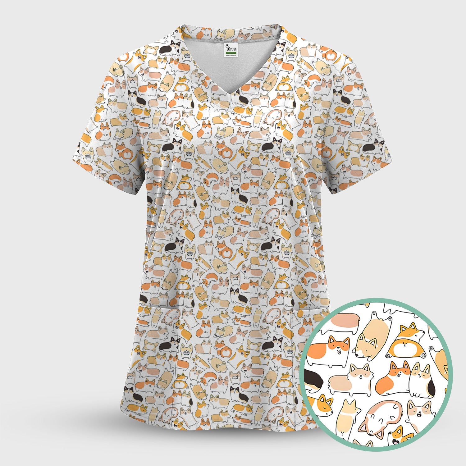 Cute Corgi Dog All Over Print Scrub Top, Comfortable Scrubs for Nurses