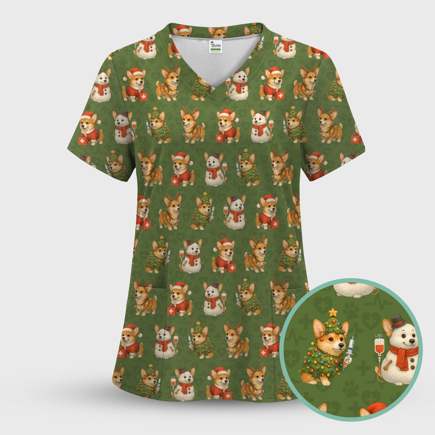 Cute Christmas Corgi Scrubs - Festive Pattern Scrub Top for Women - Cozy Holiday Nurse Scrubs Gift for Dog Lovers