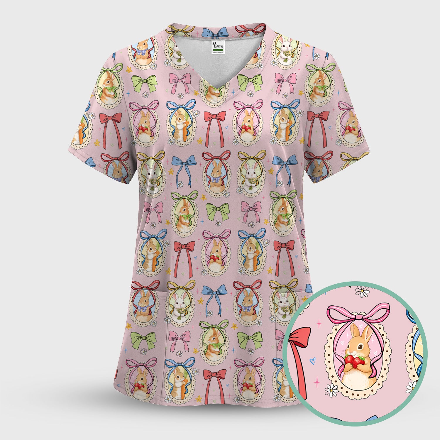 Cute Easter Bunny Cameo Colorful Bow Pattern Scrub Top, Breathable Fabrics Nursing Uniform
