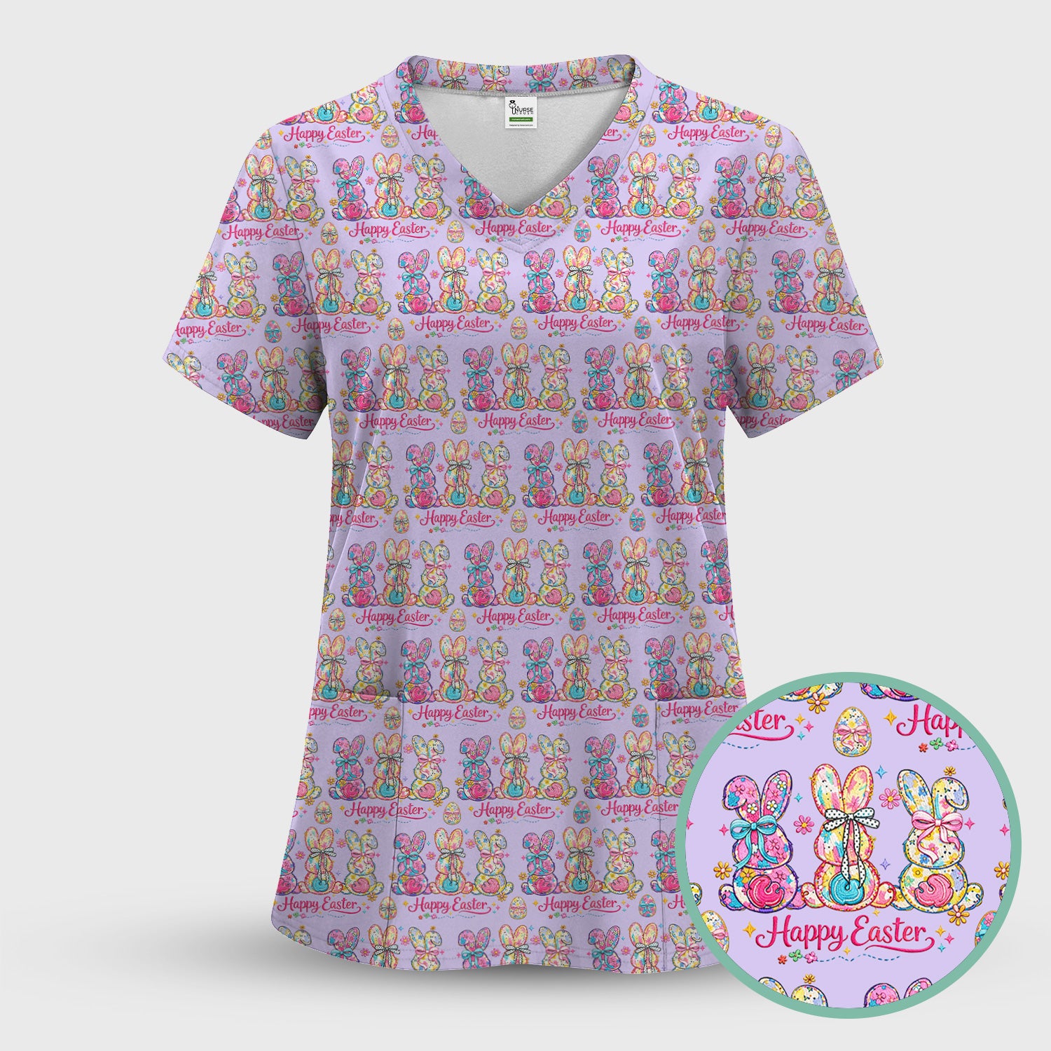 Pink Happy Easter Bunny Pattern Scrub Set, Scrub Pants and V Neck Top