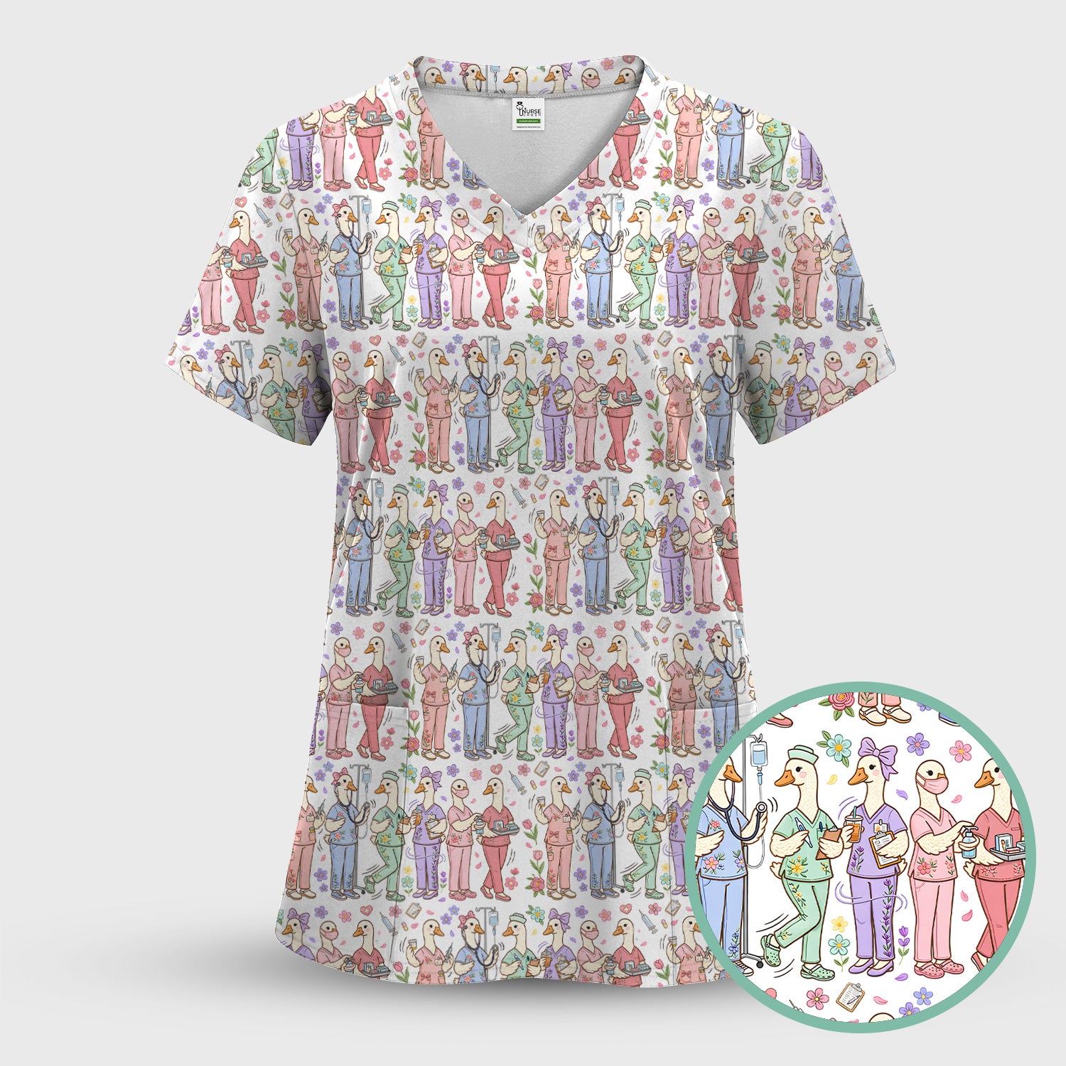 Goose Characters Floral Medical Team Uniform Pattern Scrub Top, Breathable Fabrics Nursing Uniform