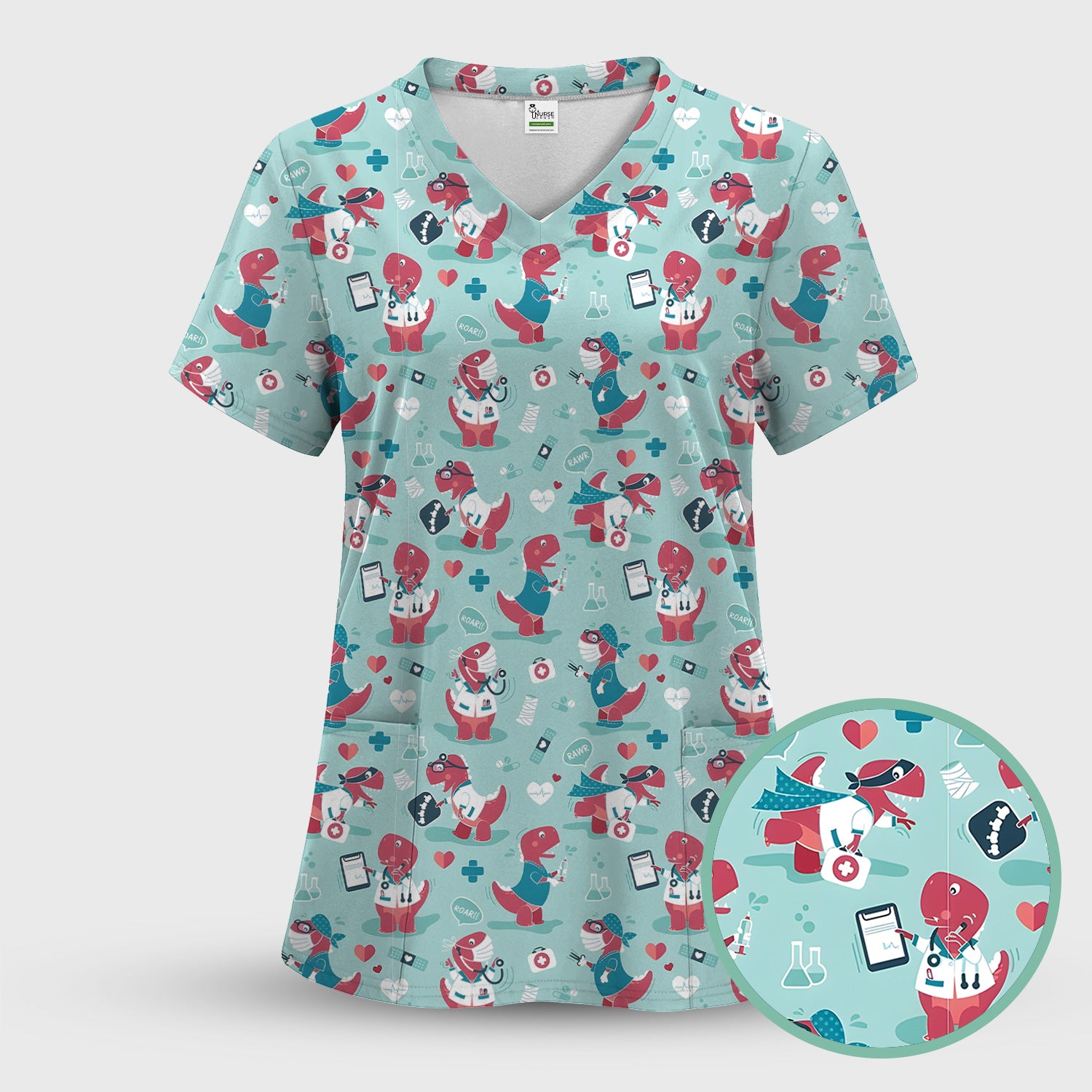Cute Dinosaur Doctor Medical Pattern Scrub Top, Breathable Fabrics Nursing Uniform