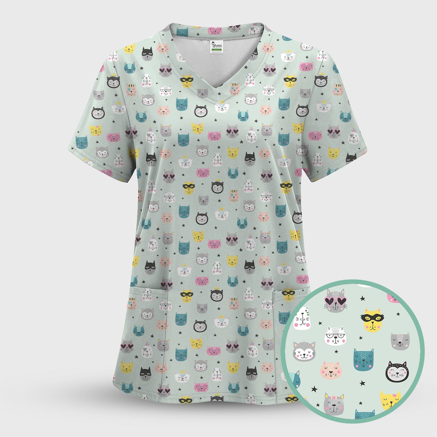 Cute Colorful Cat Pattern Scrub Top, Comfortable Scrubs for Nurses
