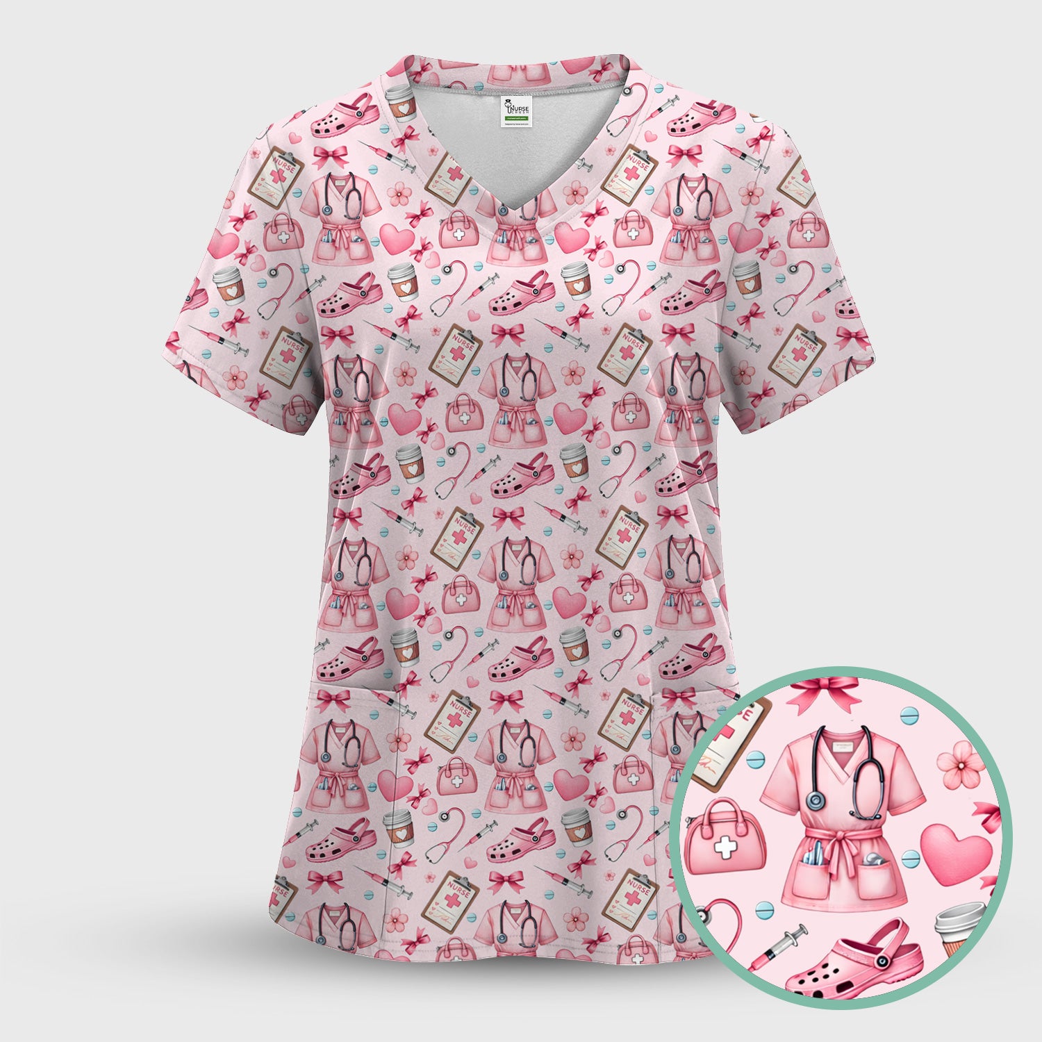 Valentine Pink Nurse Icons Print Scrub Top, Comfortable Scrubs for Nurses