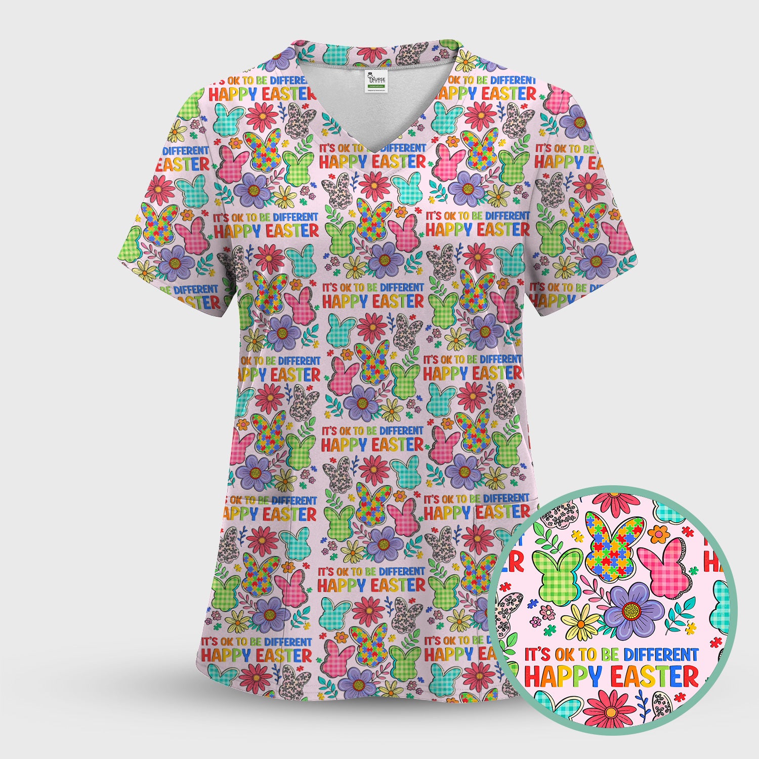 Happy Easter Bunny Floral Print Scrub Top, Breathable Fabrics Nursing Uniform