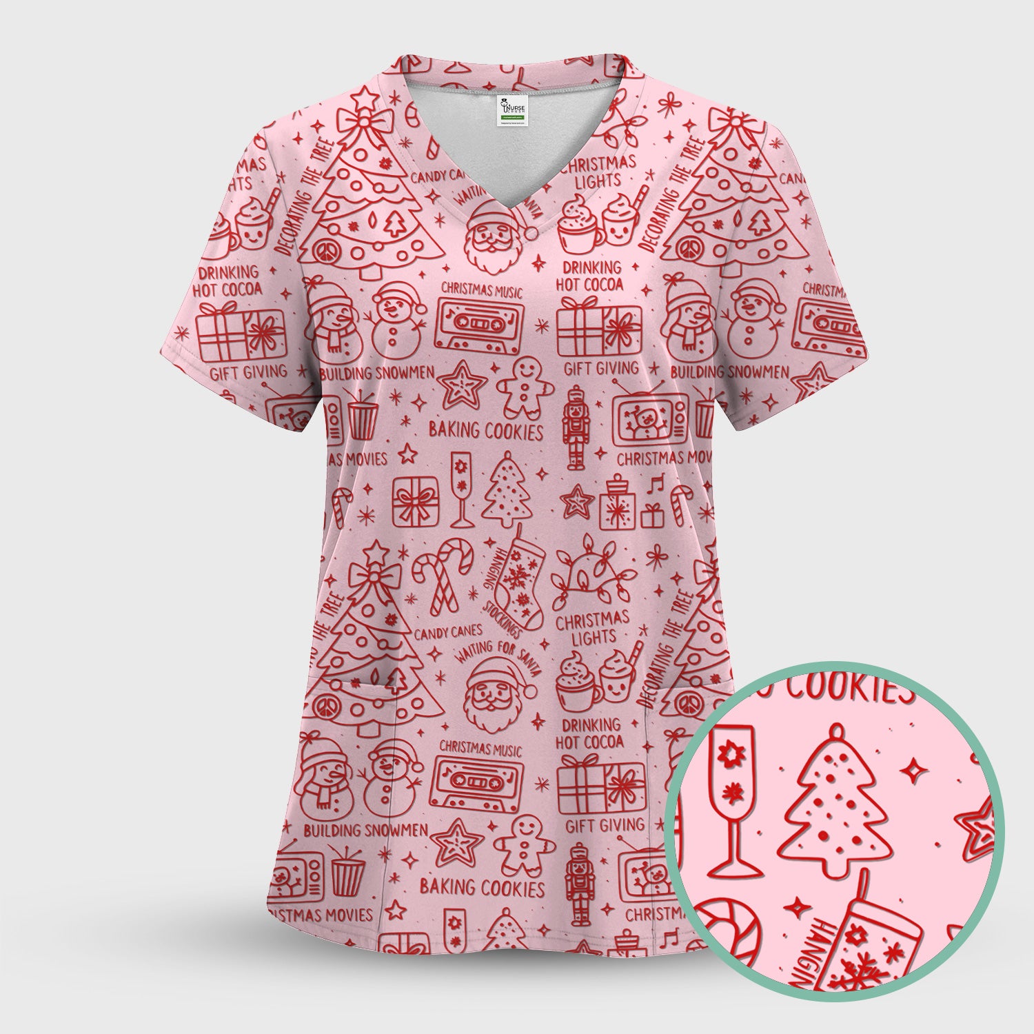 Christmas Pattern Scrub Top, Holiday Baking Cookies Nurse Shirt, Cute Medical Uniform Gift for RN, LPN, Healthcare Worker