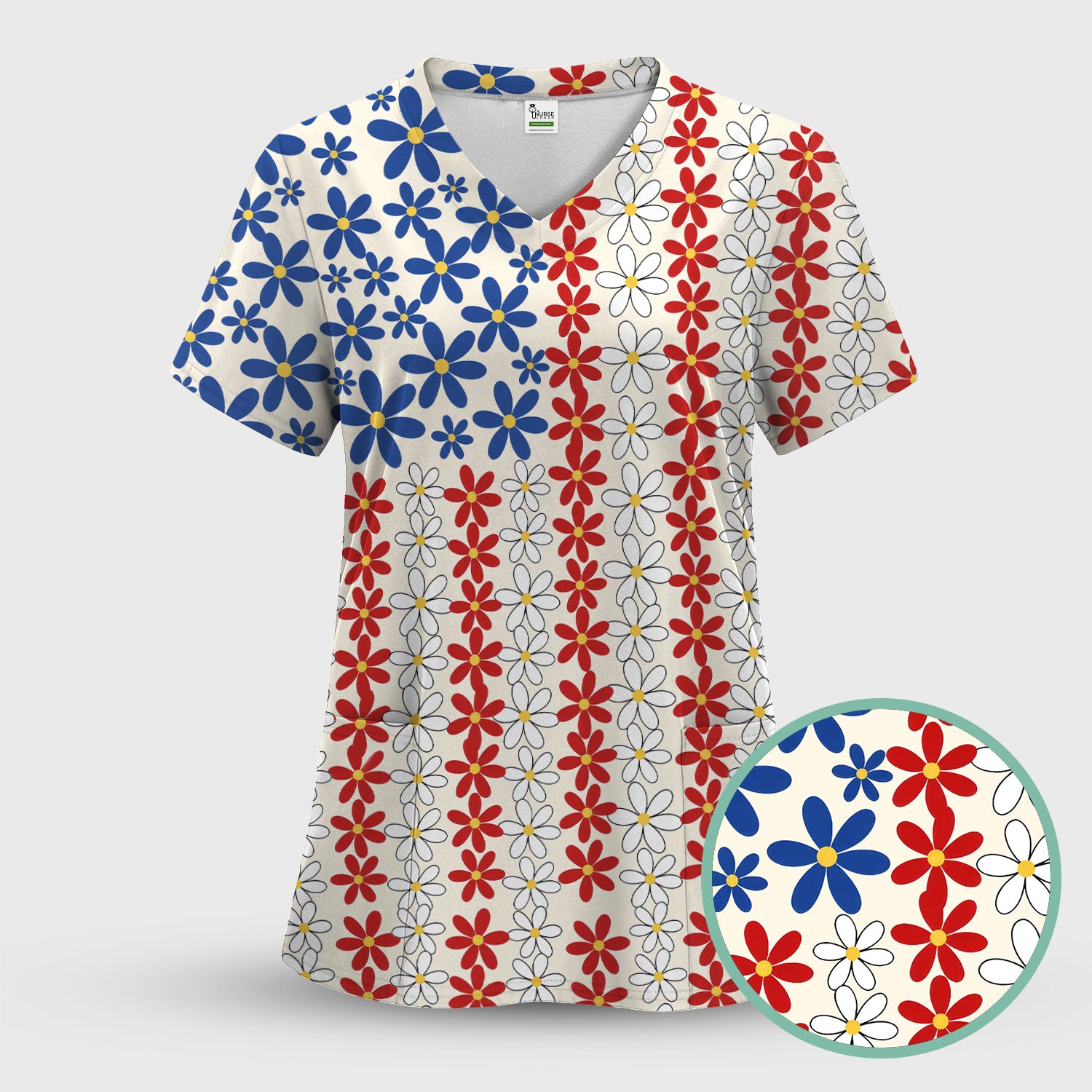 Retro Red Blue Daisy Stripe Pattern Scrub Top, Breathable Fabrics Nursing Uniform