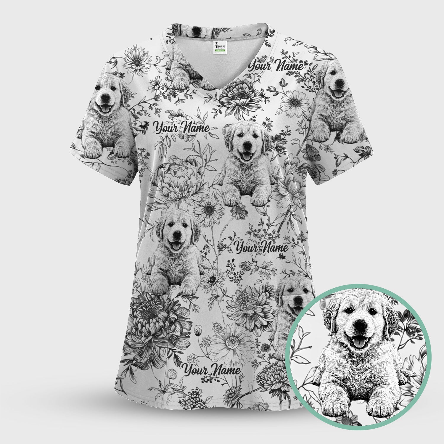 Personalized Custom Pet Photo Name Floral Pattern Scrub Top, Breathable Fabrics Nursing Uniform