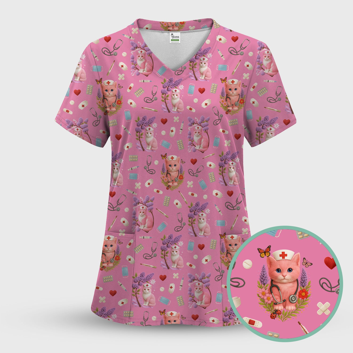 Pink Cat Nurse Scrub Top - Cute Medical Pattern Scrubs for Women - Funny Kitty Print Shirt Gift for RN LPN CNA Healthcare Workers