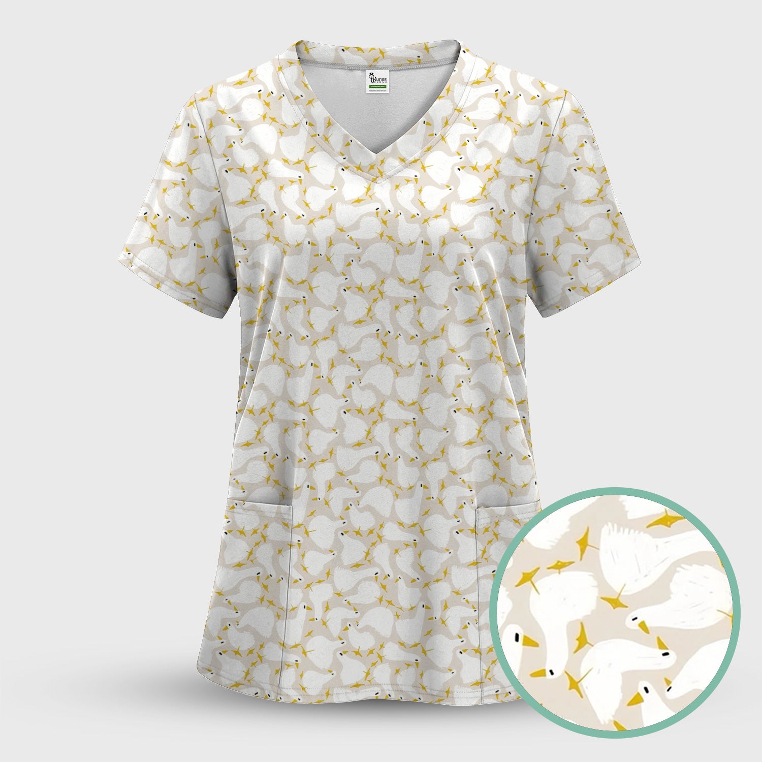 Cute White Goose Yellow Star Pattern Scrub Top, Breathable Fabrics Nursing Uniform