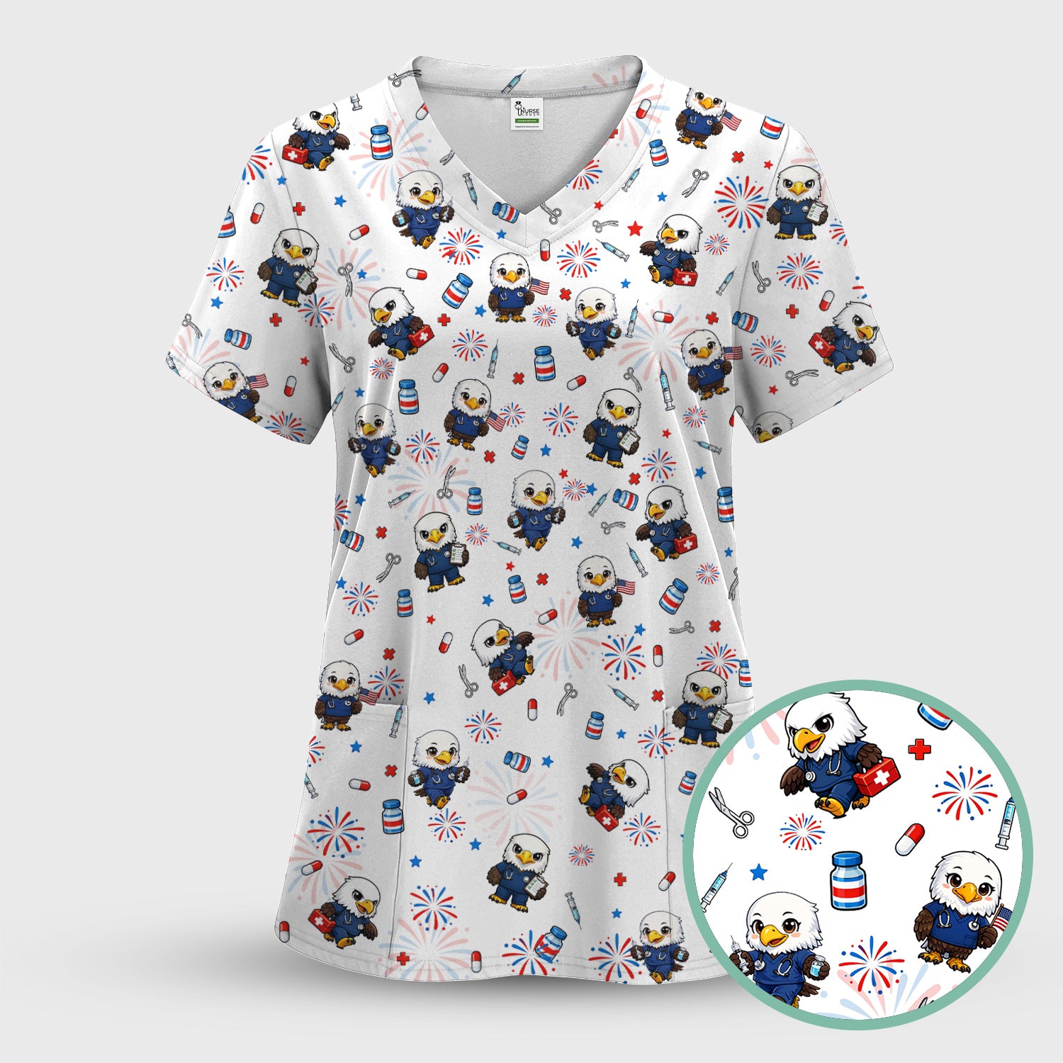 Patriotic Nurse Eagle Fireworks Medical Pattern Scrub Set, Women's Scrub Sets