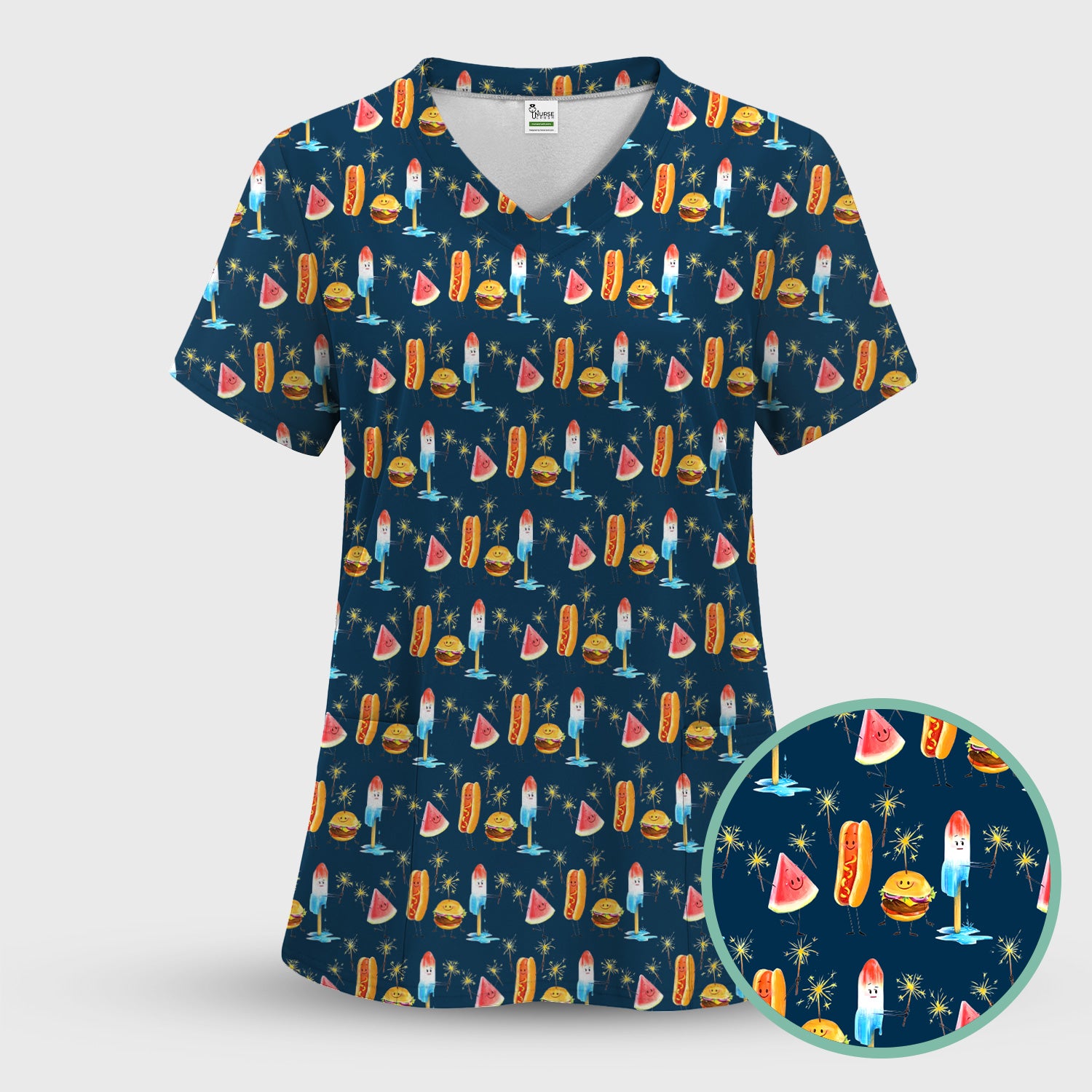 Funny Summer Food Icons Pattern Scrub Set, Breathable Fabrics Nursing Uniform