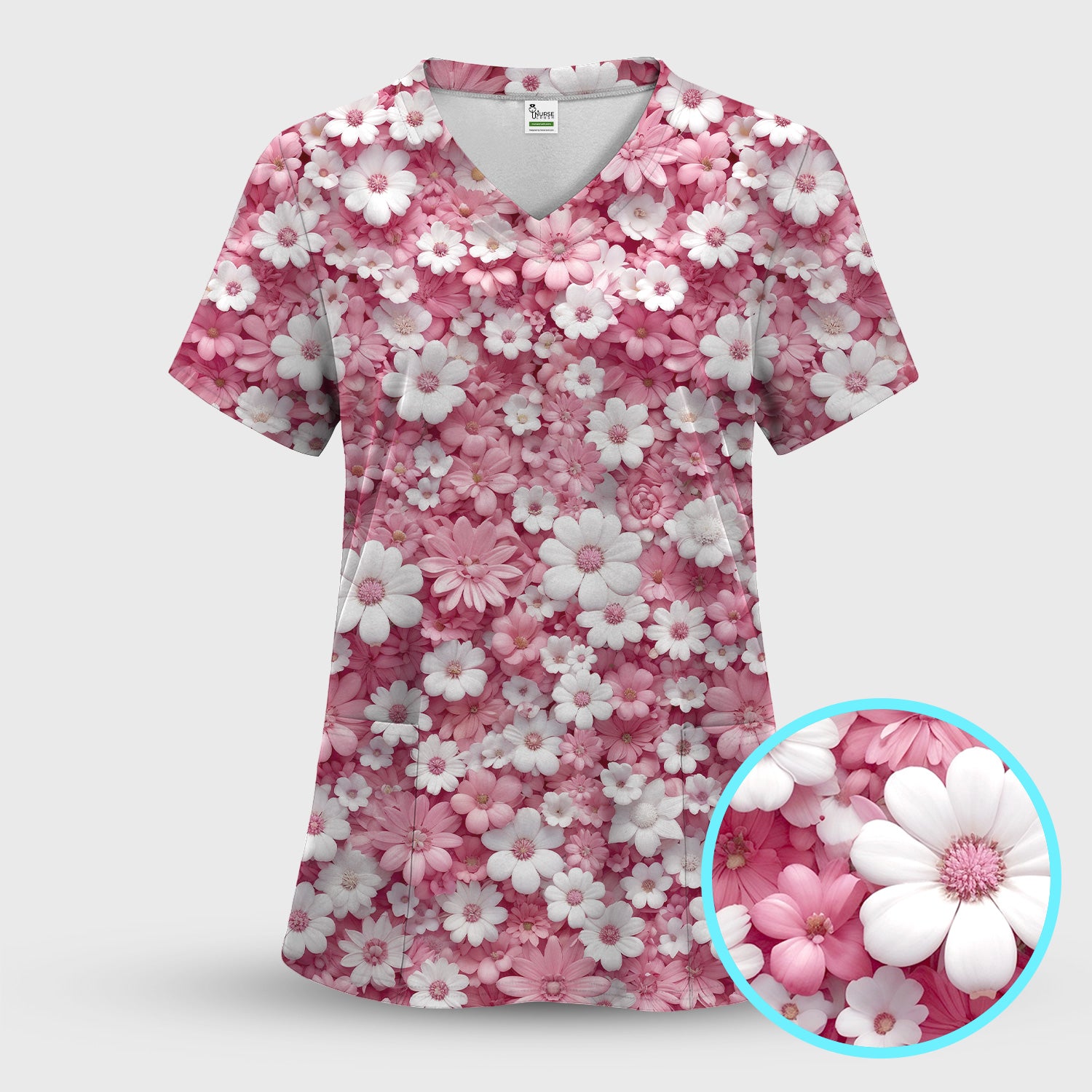 Cute Daisy Flower Bloom Pattern Scrub Top, Breathable Fabrics Nursing Uniform
