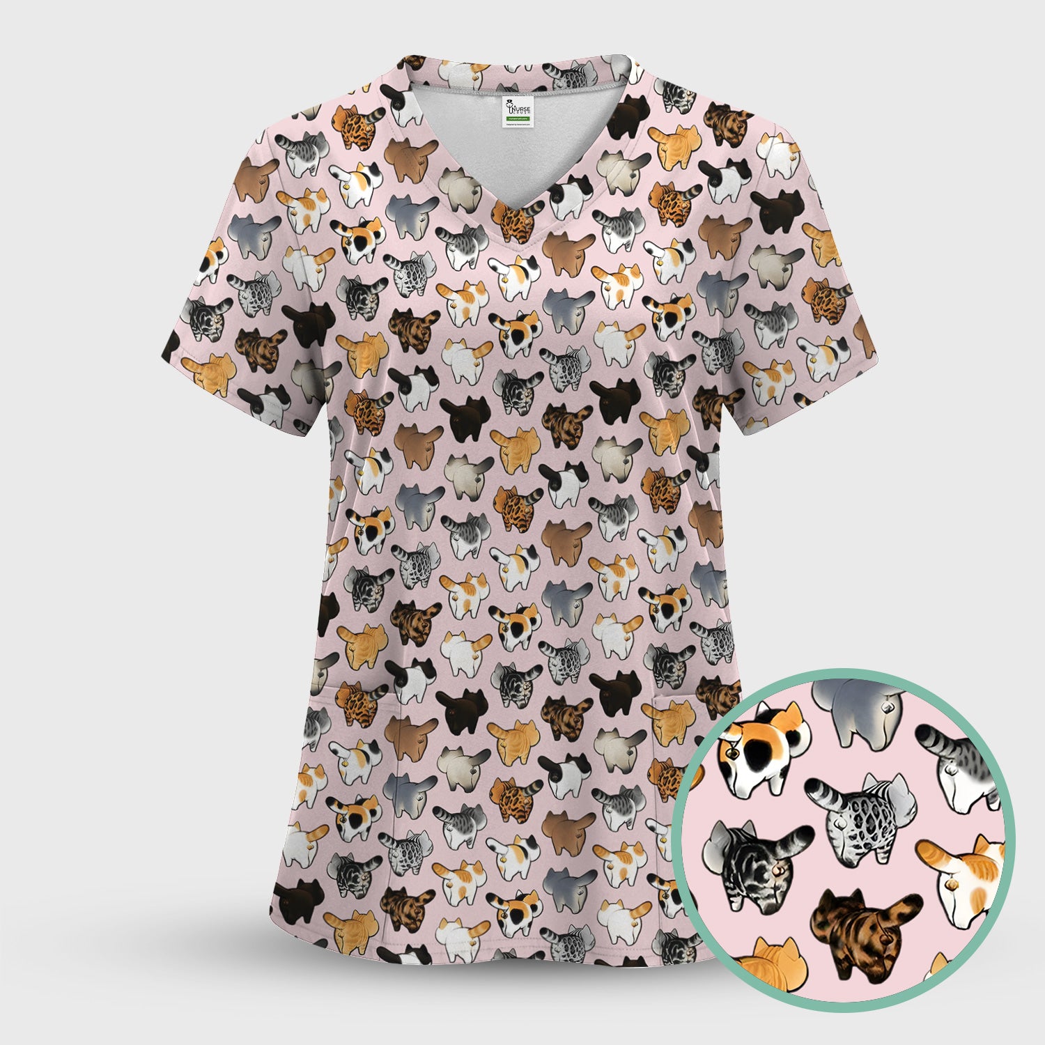 Cat Butt Pattern Medical Scrub Top, Breathable Fabrics Nursing Uniform