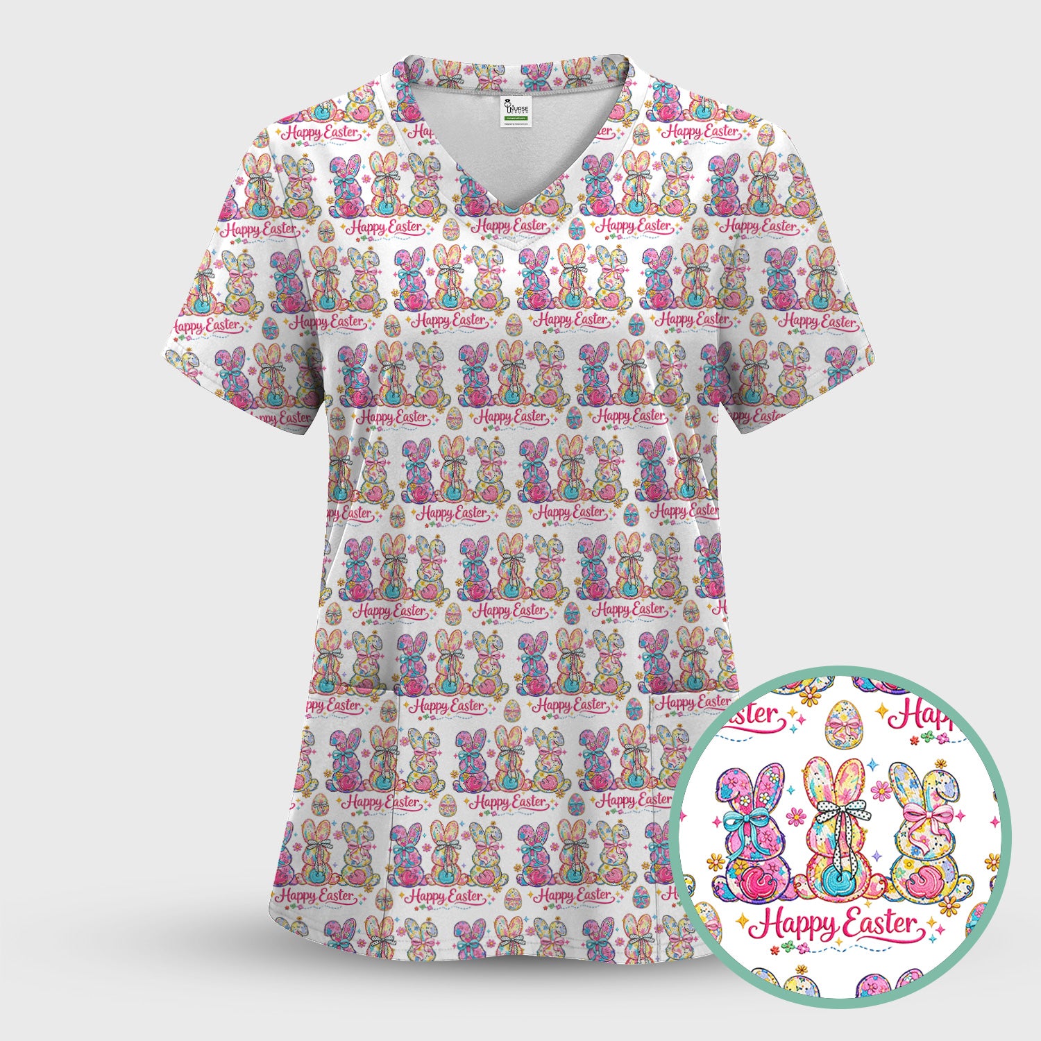 Pink Happy Easter Bunny Pattern Scrub Set, Scrub Pants and V Neck Top