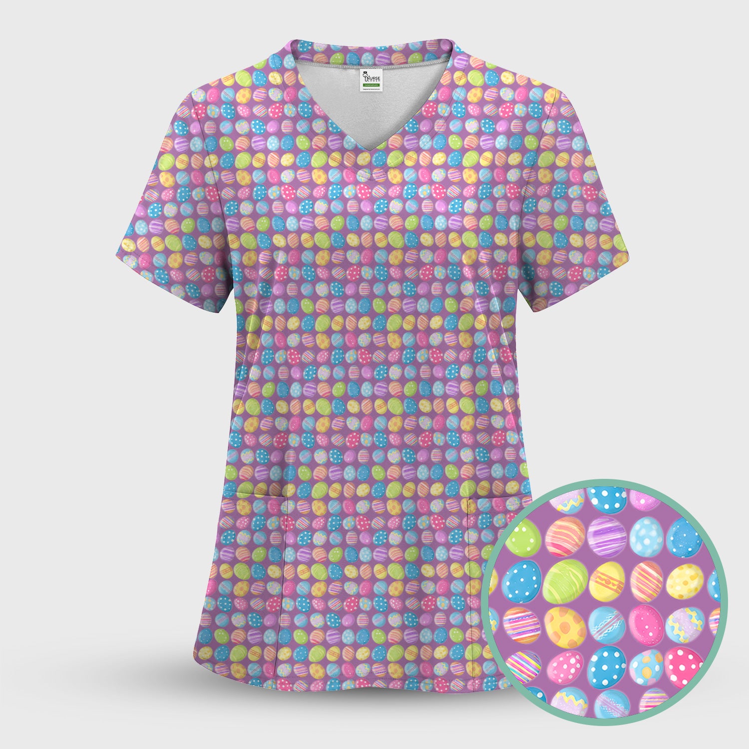 Colorful Easter Eggs Pattern Scrub Top, Comfortable Scrubs for Nurses