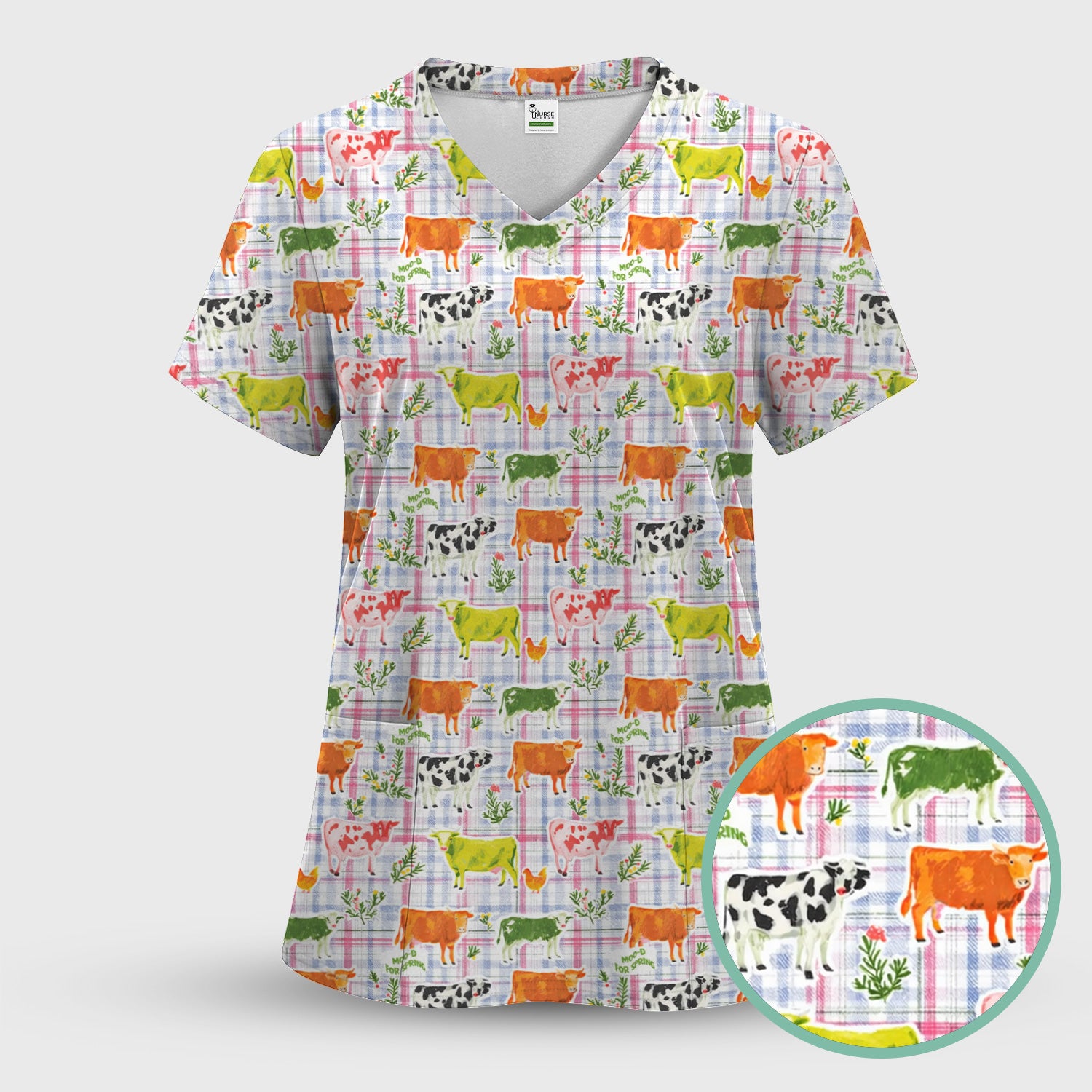 Colorful Farm Cow Plaid Print Scrub Top, Cute Country Scrubs for Nurses