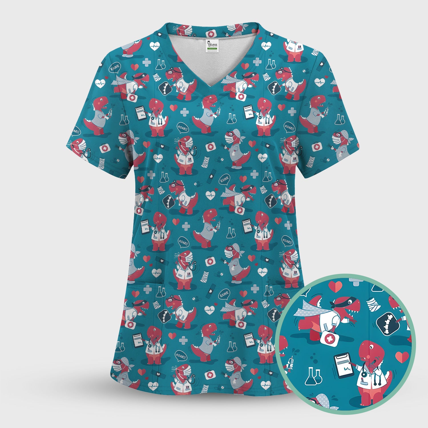Cute Dinosaur Doctor Medical Pattern Scrub Top, Breathable Fabrics Nursing Uniform