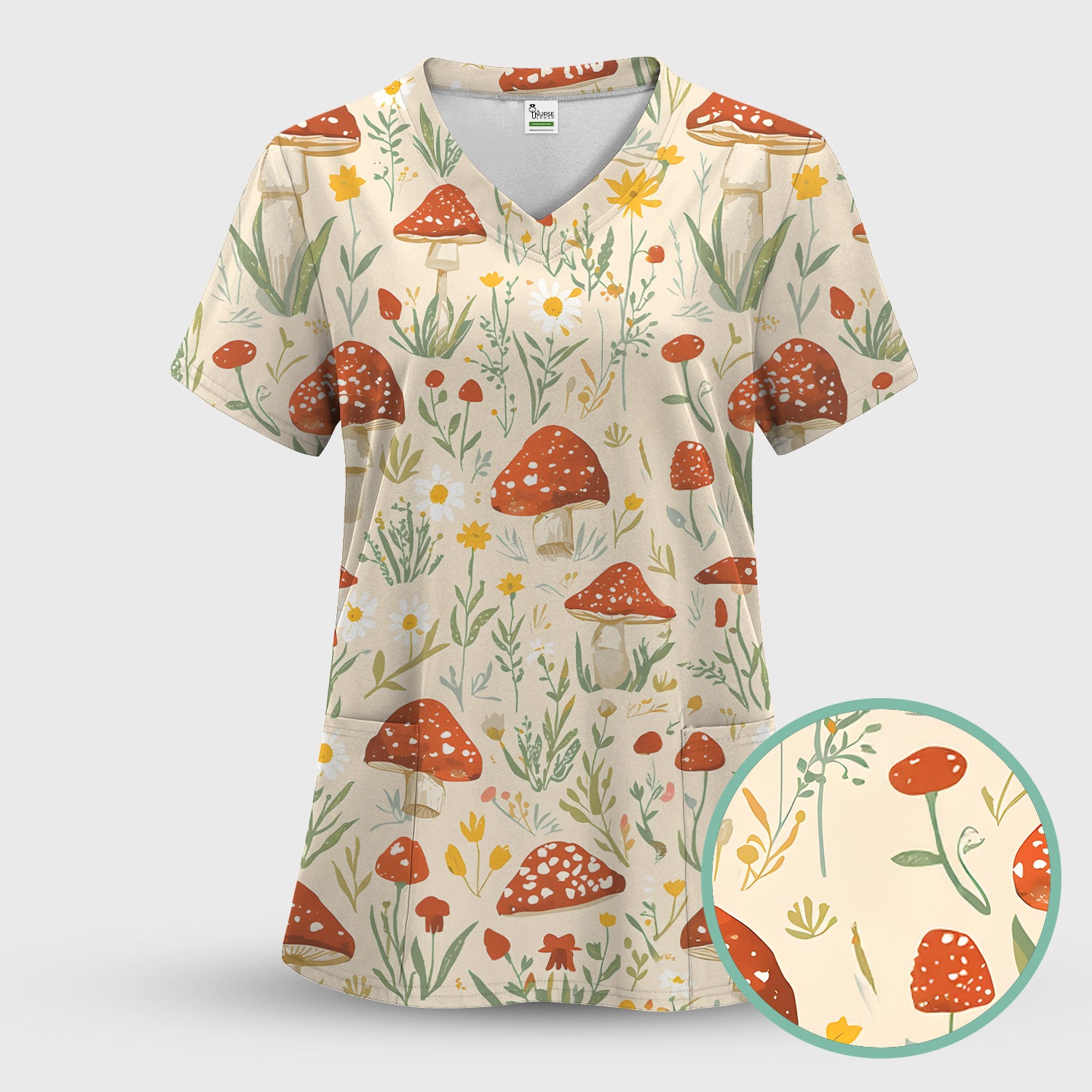 Cute Mushroom Wildflower Pattern Scrub Top, Breathable Fabrics Nursing Uniform