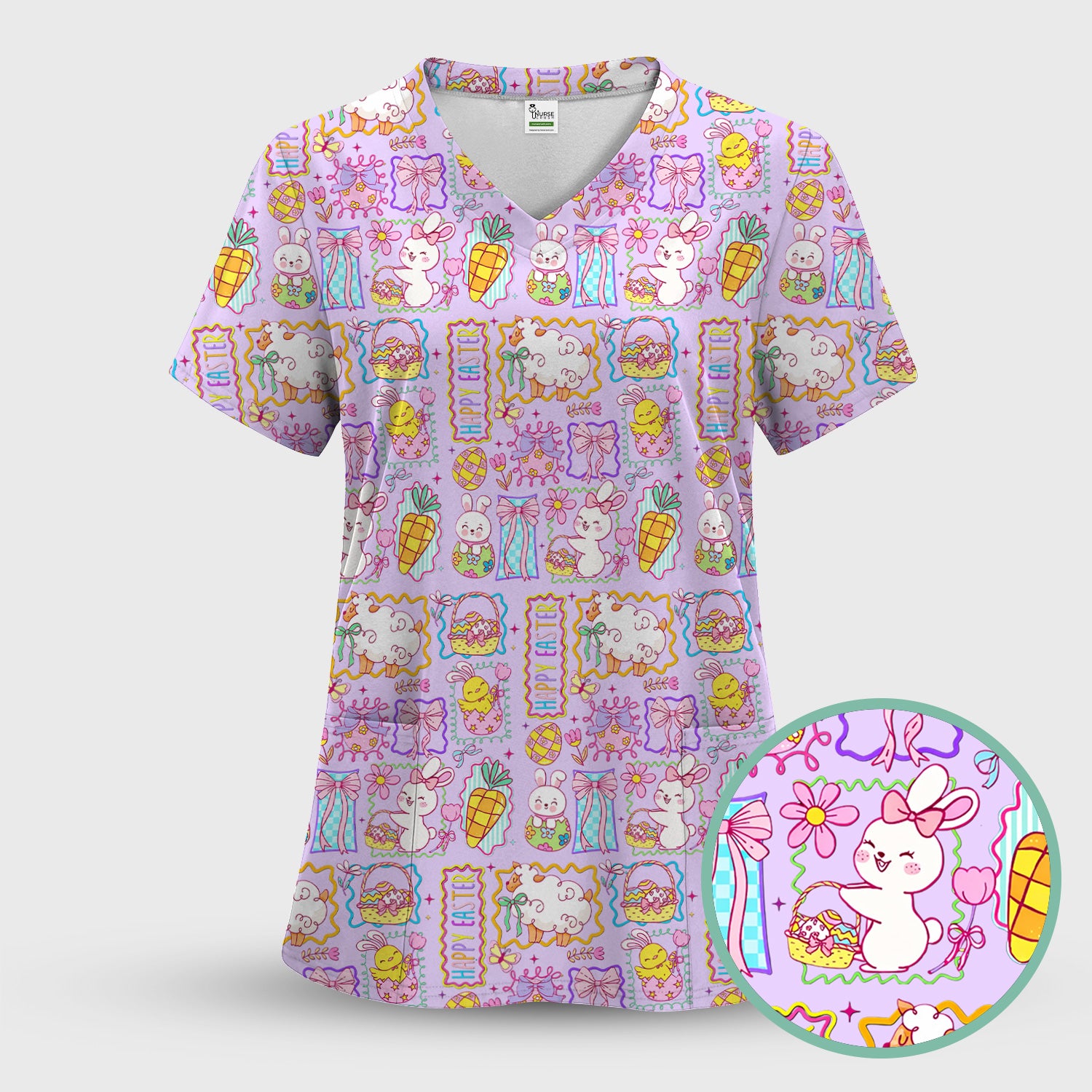 Cute Easter Bunny Egg and Bow Print Scrub Top, Breathable Fabrics Nursing Uniform
