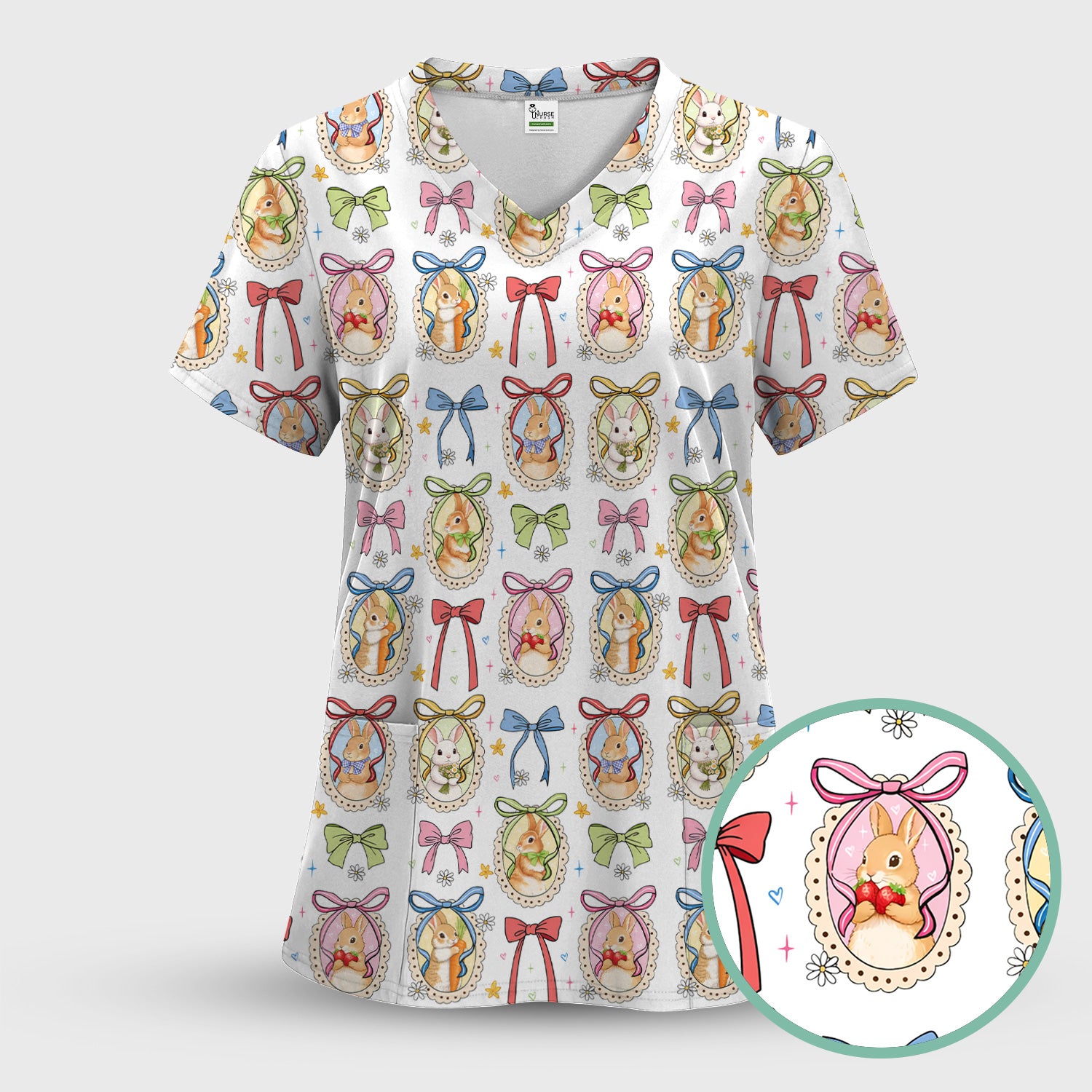 Cute Easter Bunny Cameo Colorful Bow Pattern Scrub Top, Breathable Fabrics Nursing Uniform