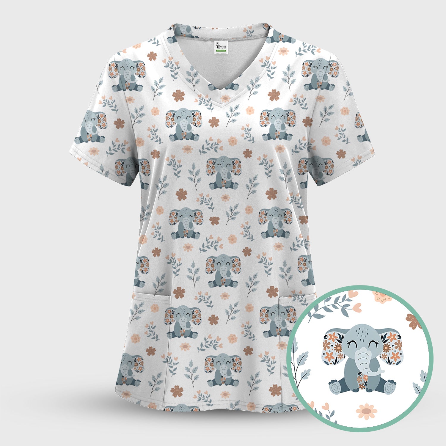 Cute Elephant Floral Print Scrub Top, Comfortable Scrubs for Nurses