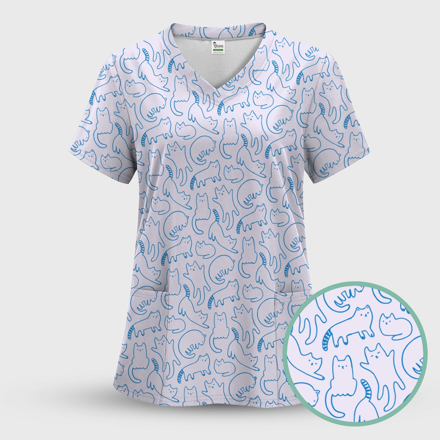 Artistic Cat Pattern Medical Scrub Top, Breathable Fabrics Nursing Uniform