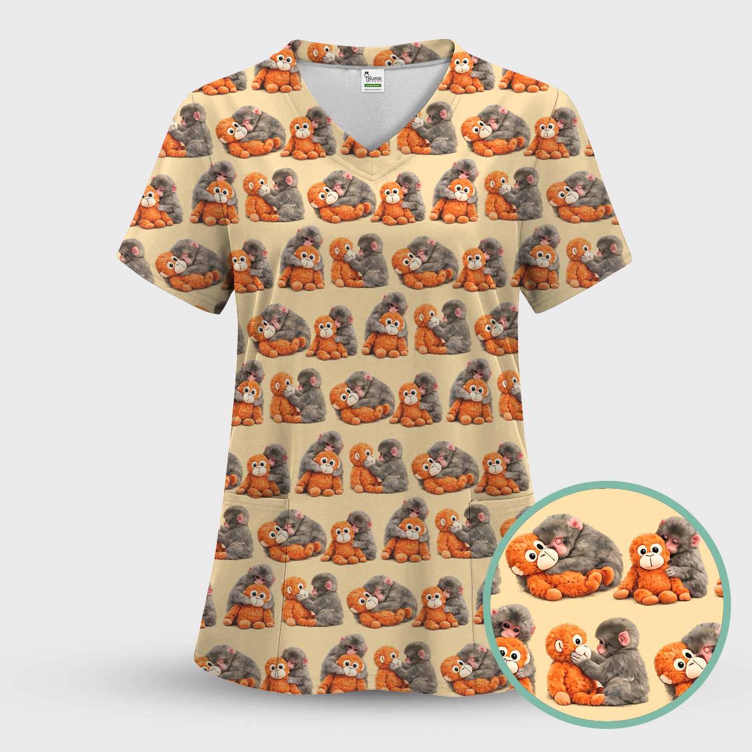 Cute Baby Monkey Plush Toy Animal Pattern Scrub Top, Breathable Medical Uniform Top