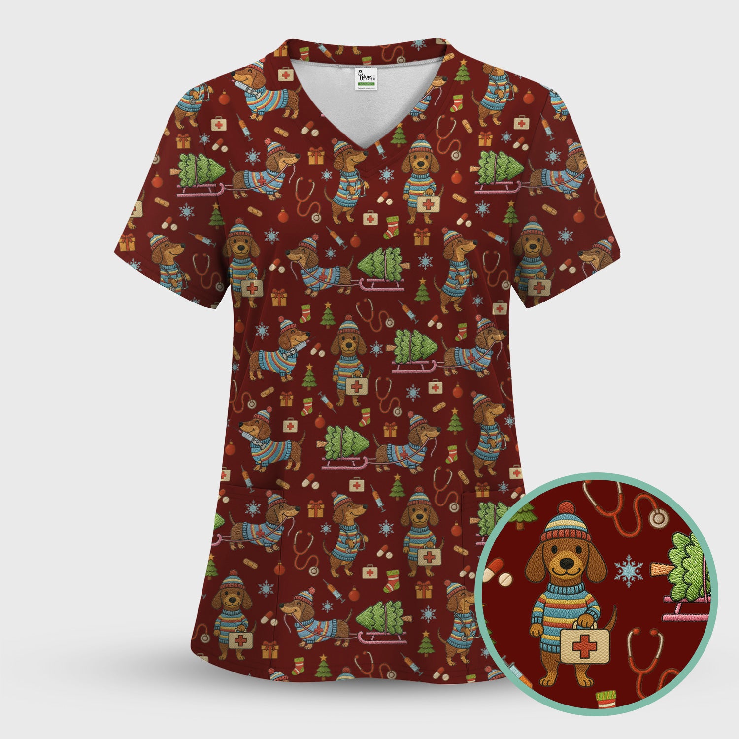 Dachshund Dog Scrub Set For Nurse, Funny Wiener Dog Lover Gift, Cute Dog 3D Knit Pattern Shirt