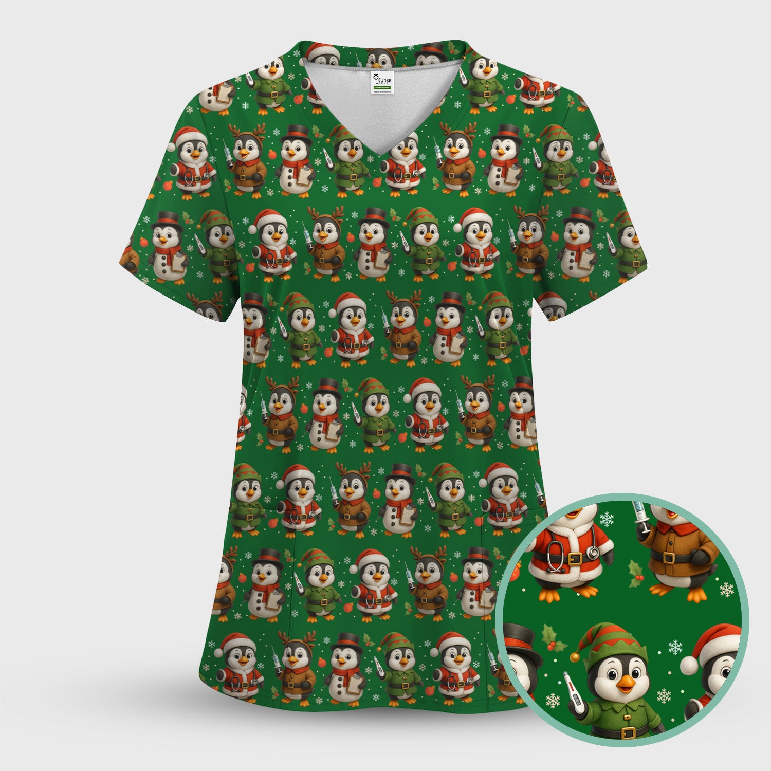 Cute Christmas Penguin Scrubs - Festive Pattern Scrub Top for Women - Cozy Holiday Scrubs Perfect for Nurse Gift Season