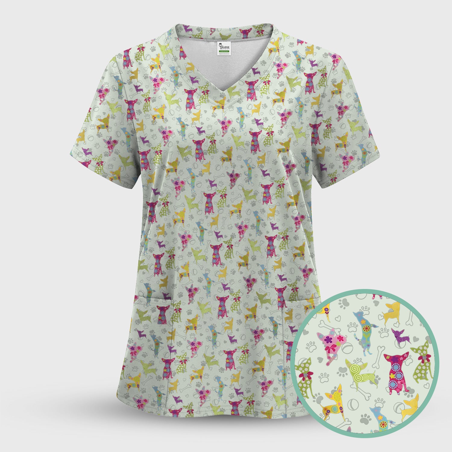 Colorful Playful Dog Print Nurse Scrub Top, Comfortable Scrubs for Nurses
