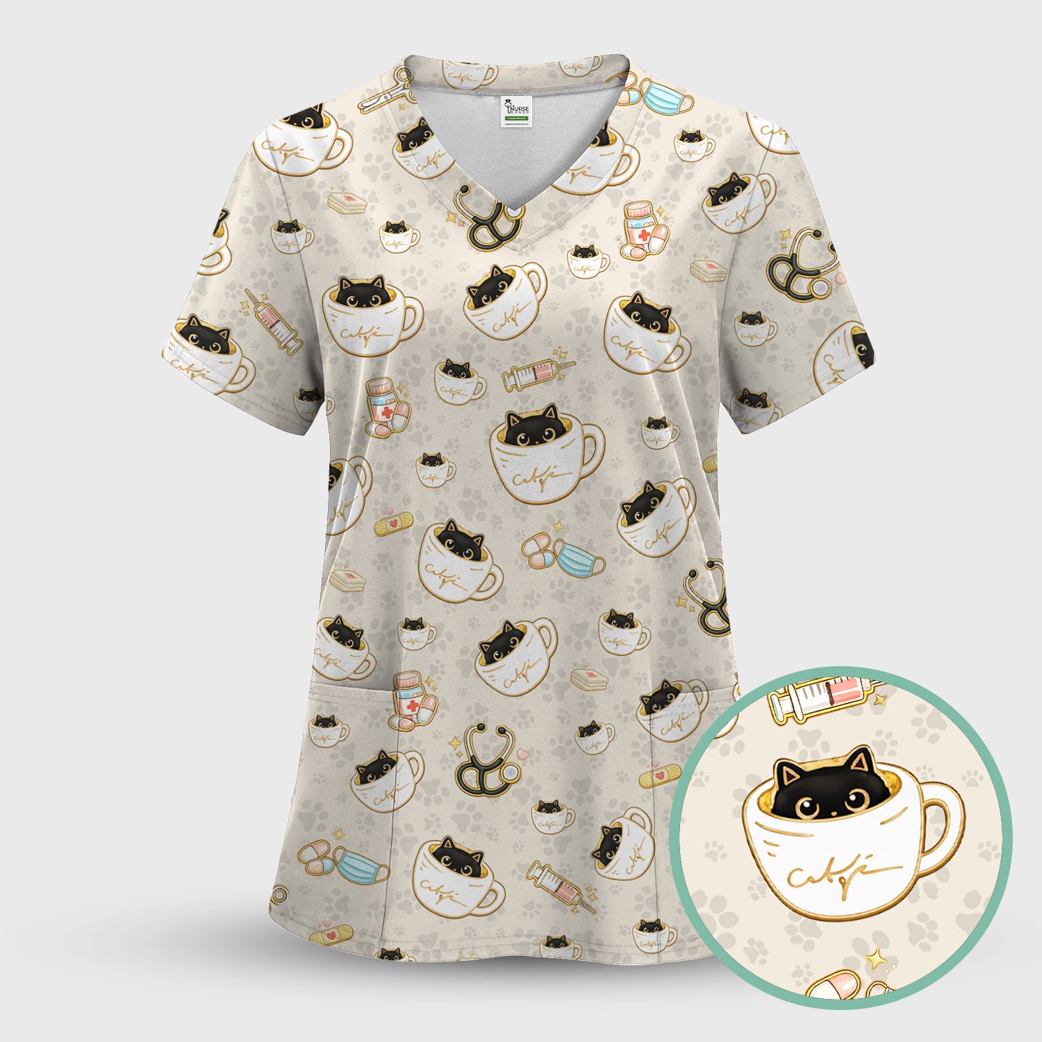 Cute Coffee Cat Medical Print Scrub Top, Breathable Fabrics Nursing Uniform