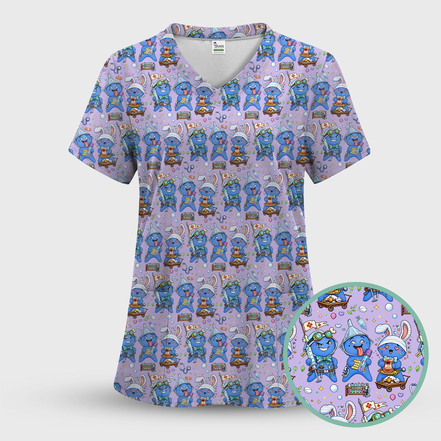 Cute Glove Doll Hospital Medical Cartoon Nurse Pattern Scrub Set, Women's Scrub Sets