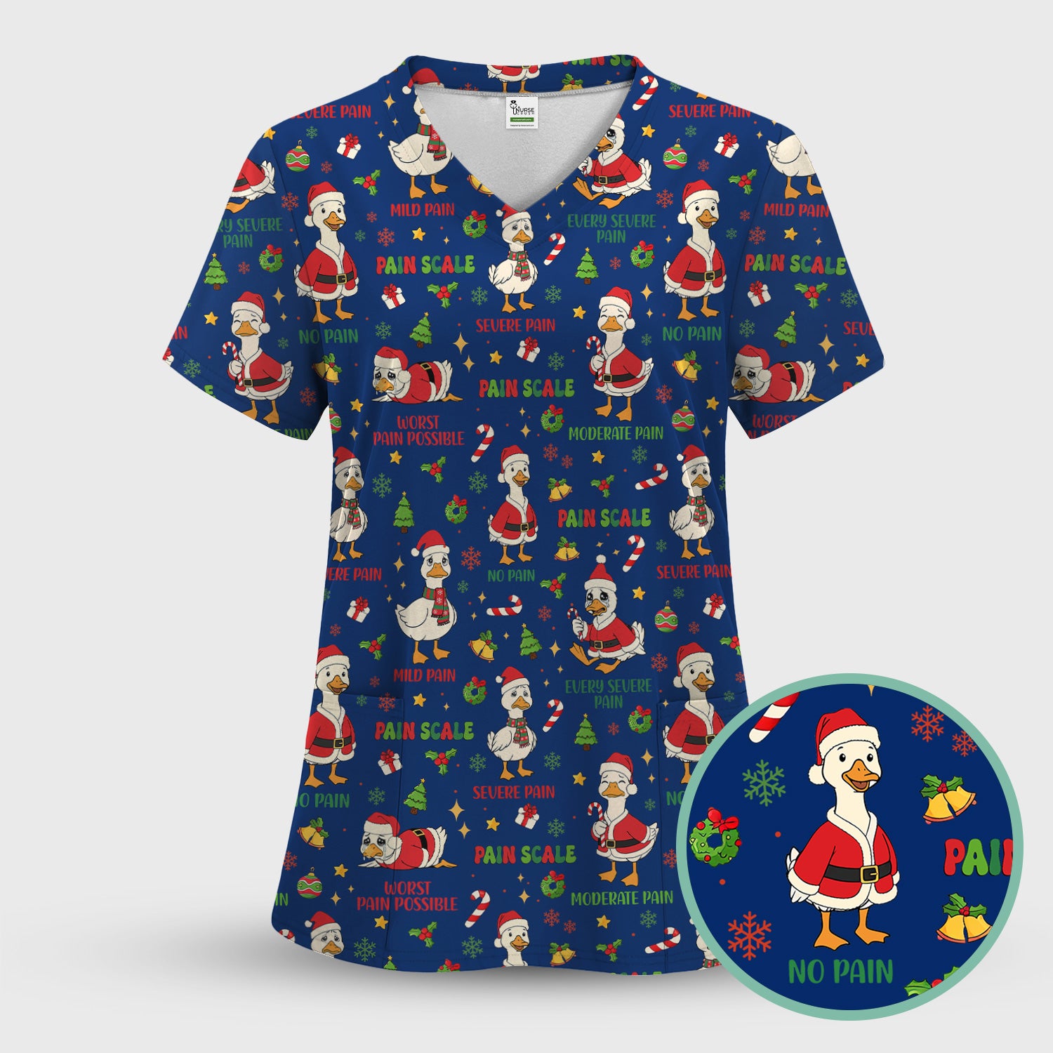 Christmas Nurse Scrub Top - Funny Goose Pain Scale - Cute Holiday Medical Uniform for Women