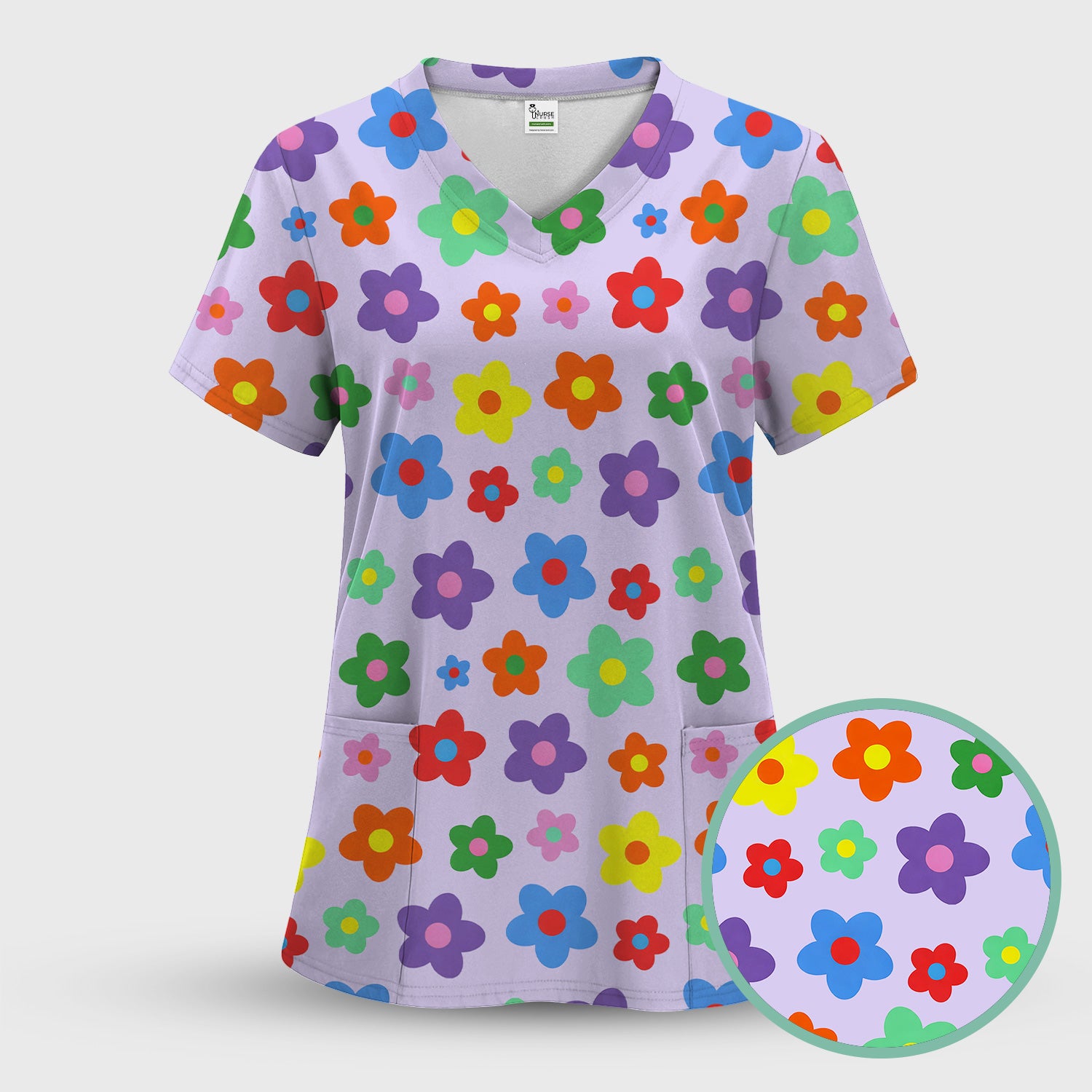 Colorful Retro Flower Pattern Print Scrub Top, Breathable Fabrics Nursing Uniform