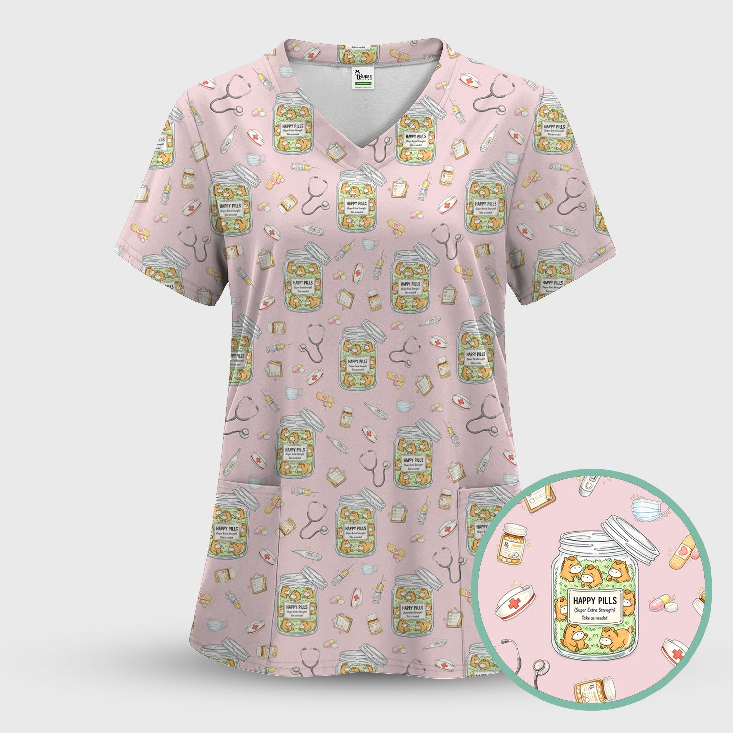 Happy Pills Horse Medical Print Nurse Scrub Top, Comfortable Scrubs for Nurses