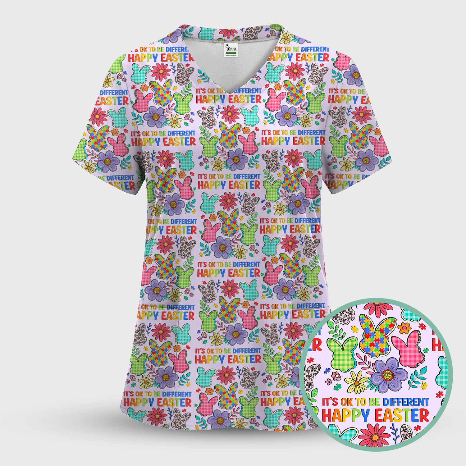 Happy Easter Bunny Floral Print Scrub Top, Breathable Fabrics Nursing Uniform