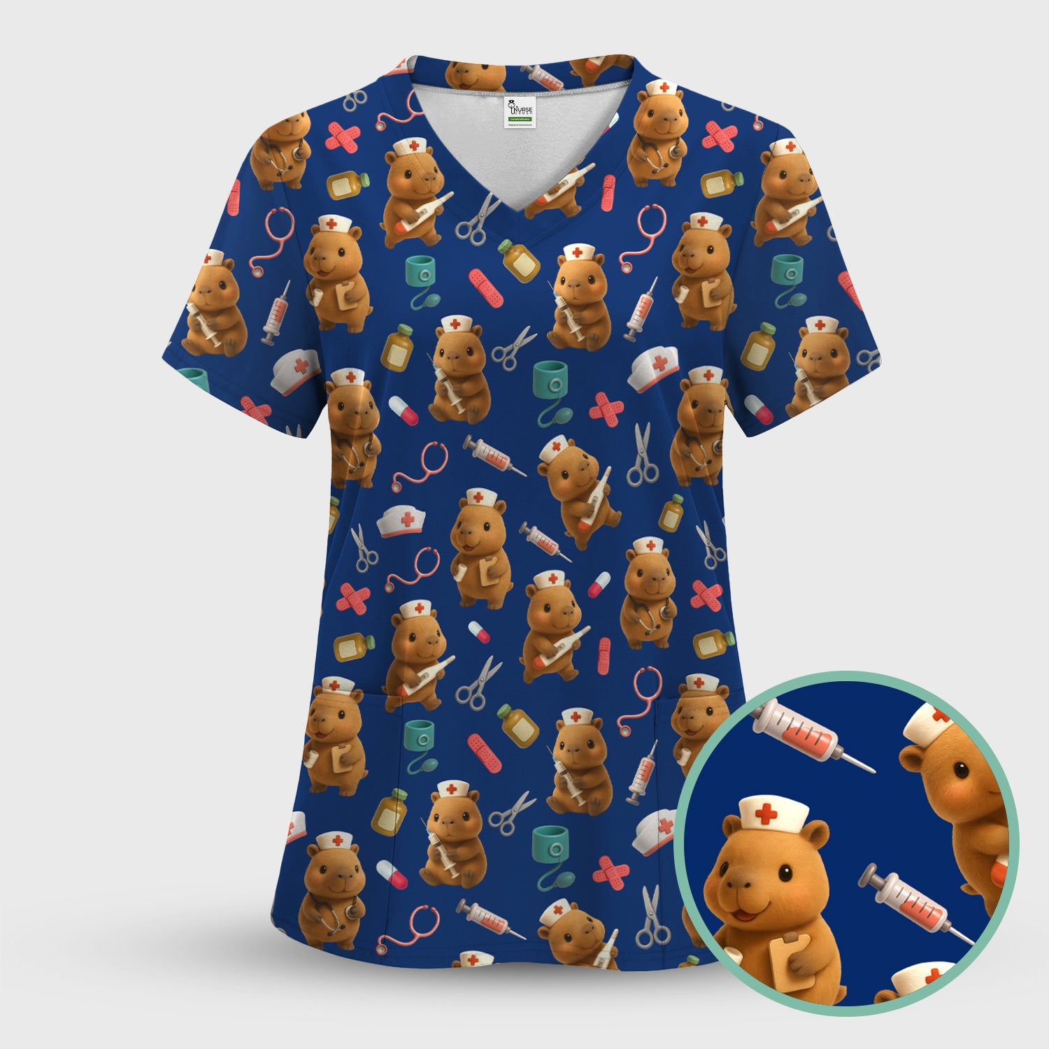 Funny Bear Scrub Top for Women - Nurse Hat and Syringe Pattern Medical Scrubs - Cute Teddy Nurse Shirt Gift for RN CNA LPN