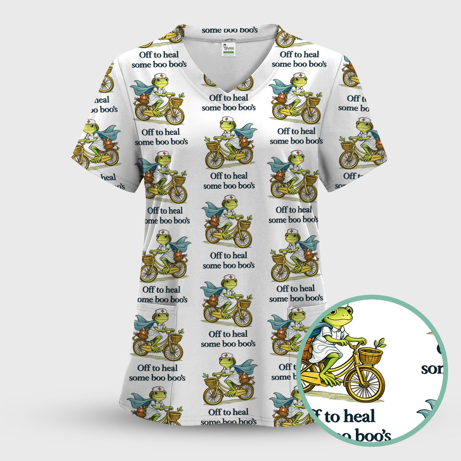 Funny Frog Nurse Cycling Pattern Scrub Top, Comfortable Scrubs for Nurses