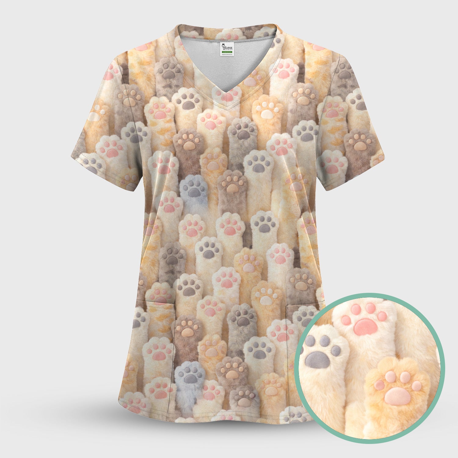 Cute Fluffy Cat Paw Pattern Scrub Top, Comfortable Scrubs for Nurses